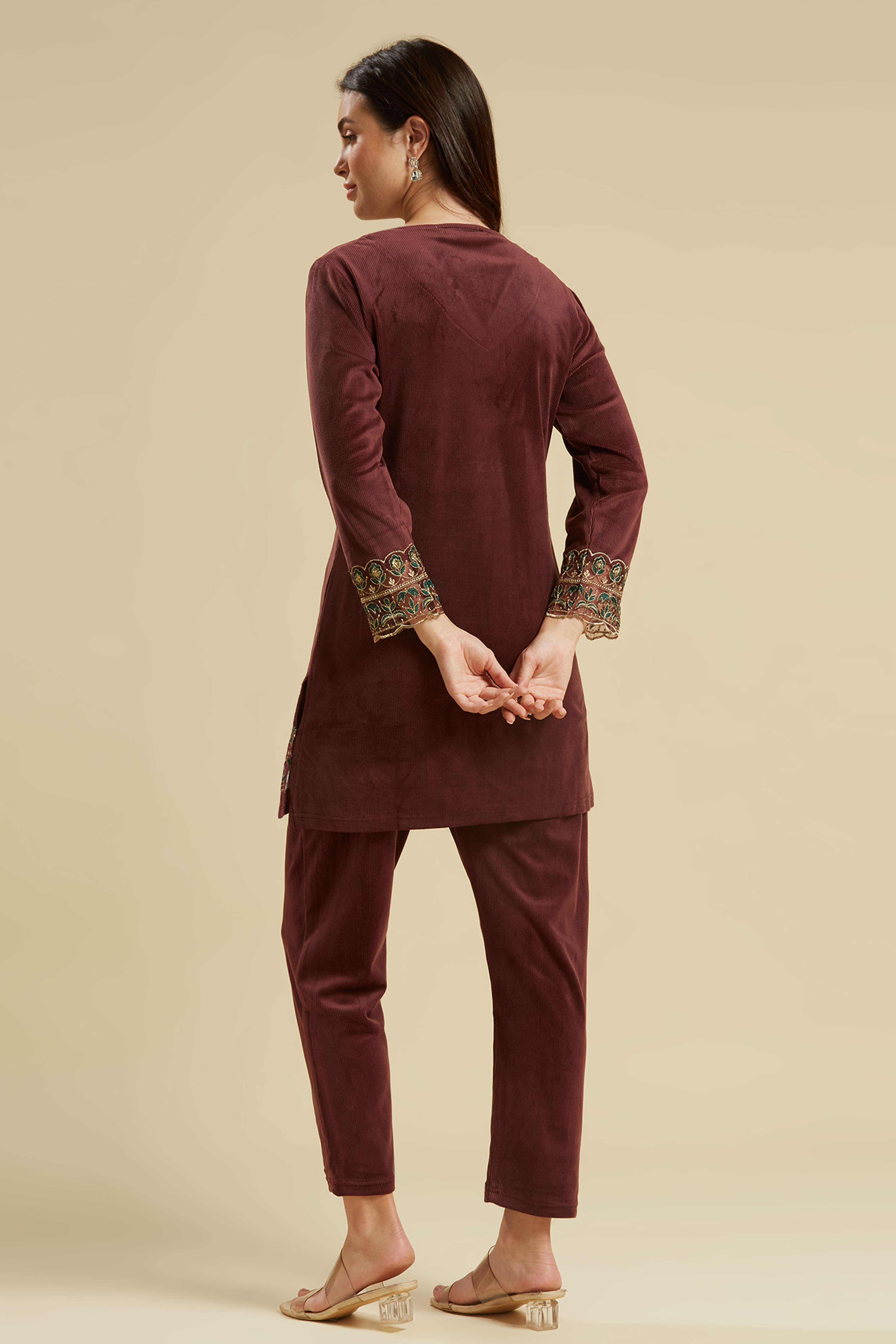 Brown Embroidered Velvet A-Line Top Bottom Set