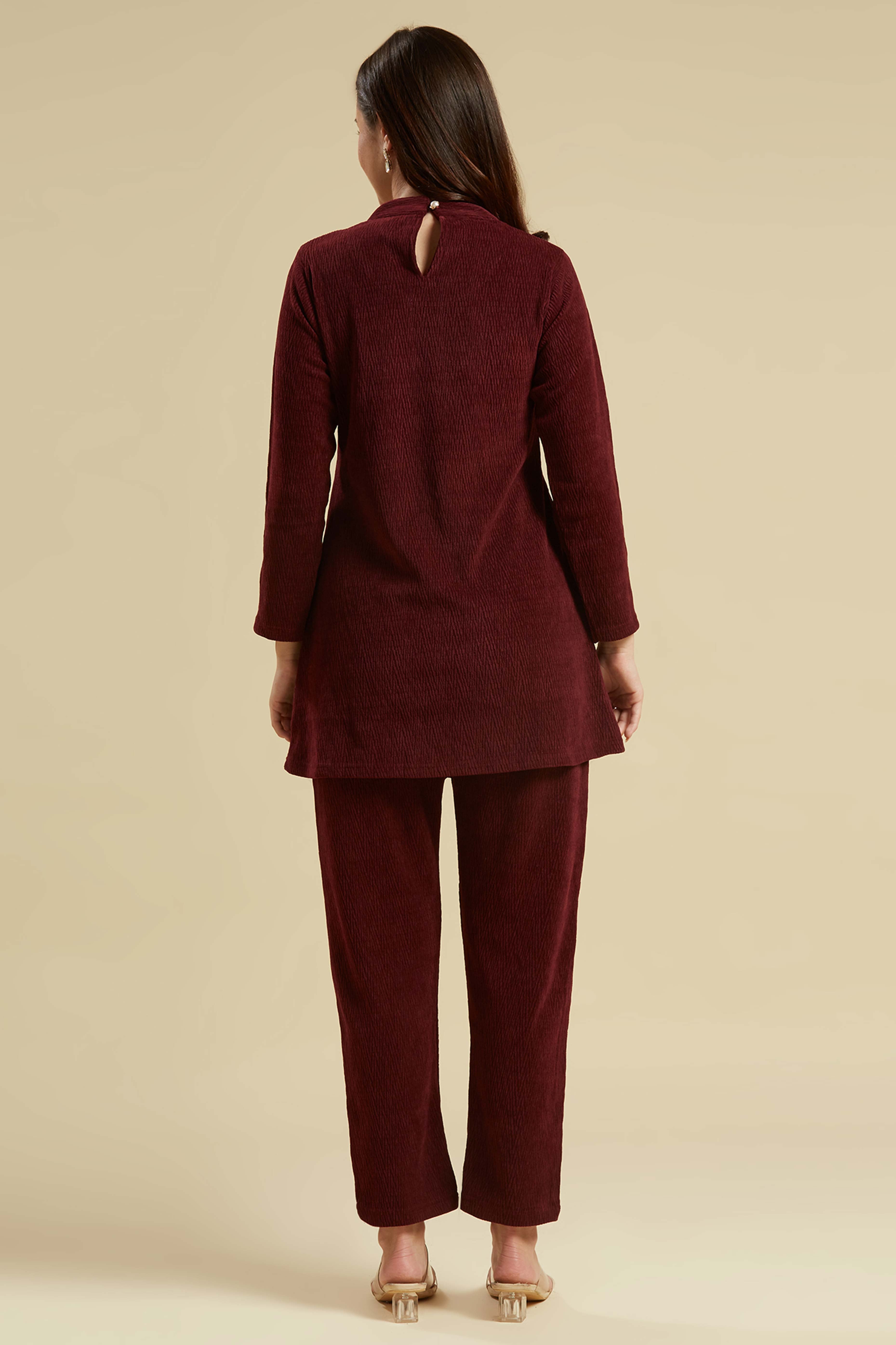 Maroon Woven Woolen A-Line Top Bottom Set