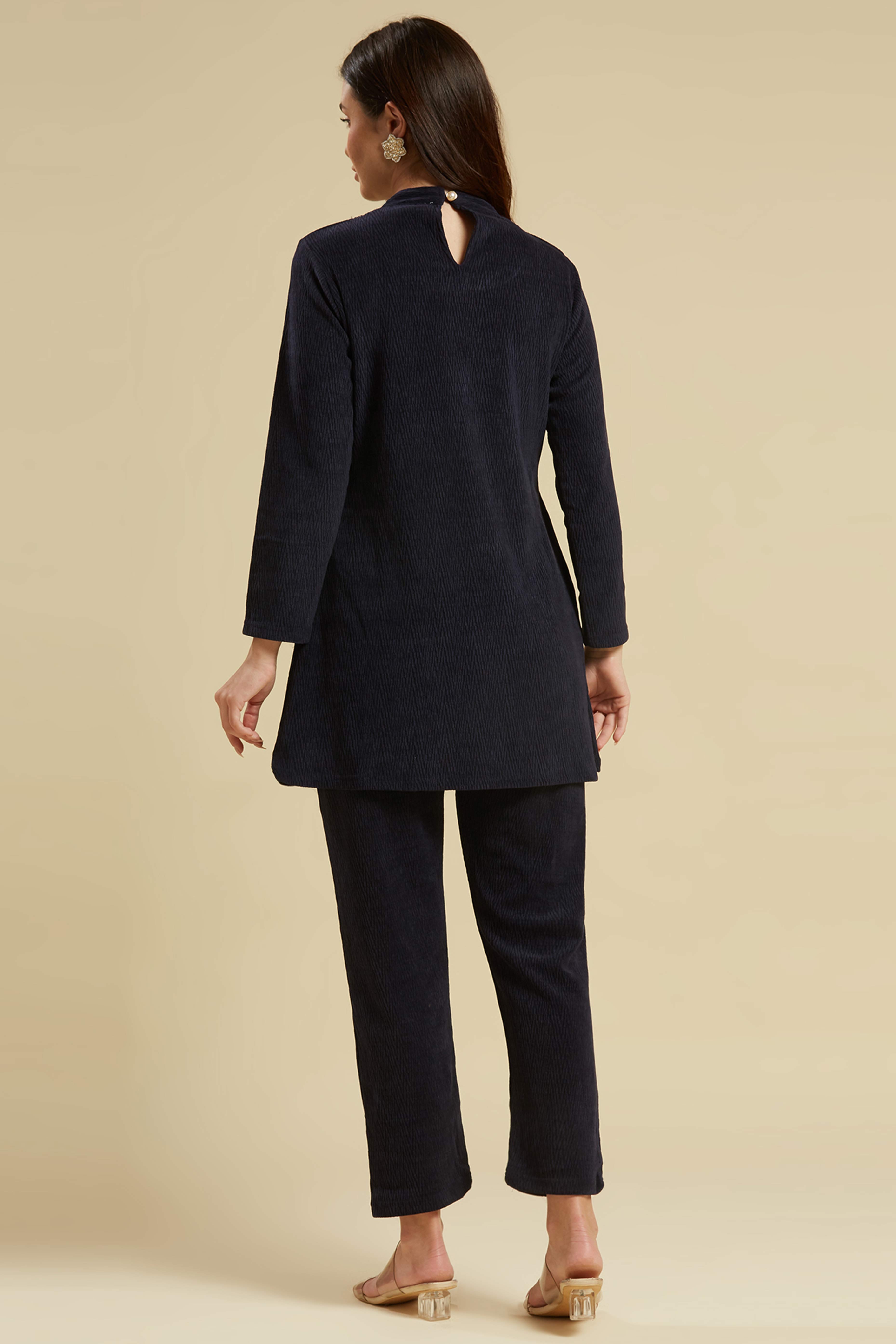 Navy Blue Woven Woolen A-Line Top Bottom Set