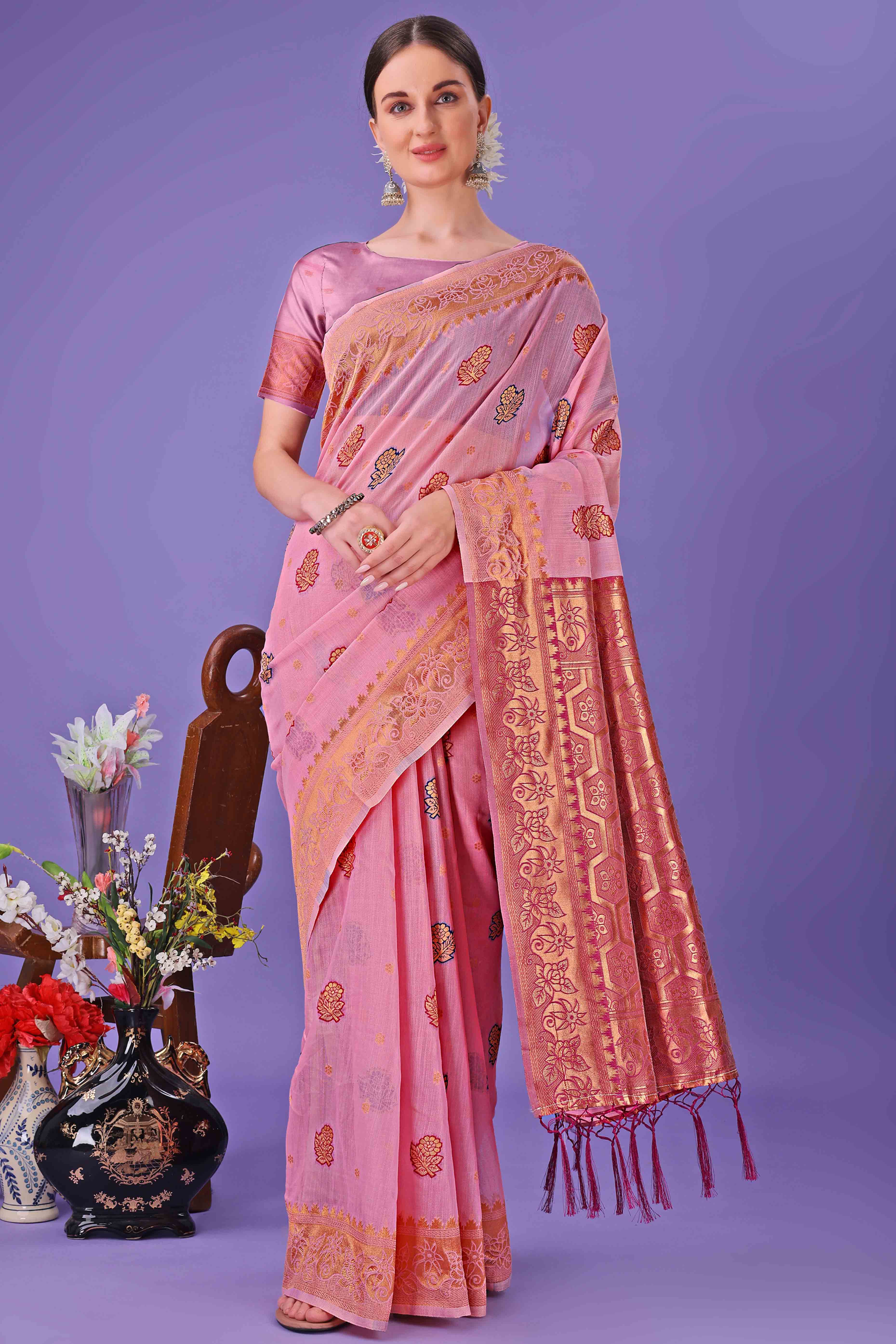 Light Pink Saree with Floral Zari Weaving on a Linen Cotton Base