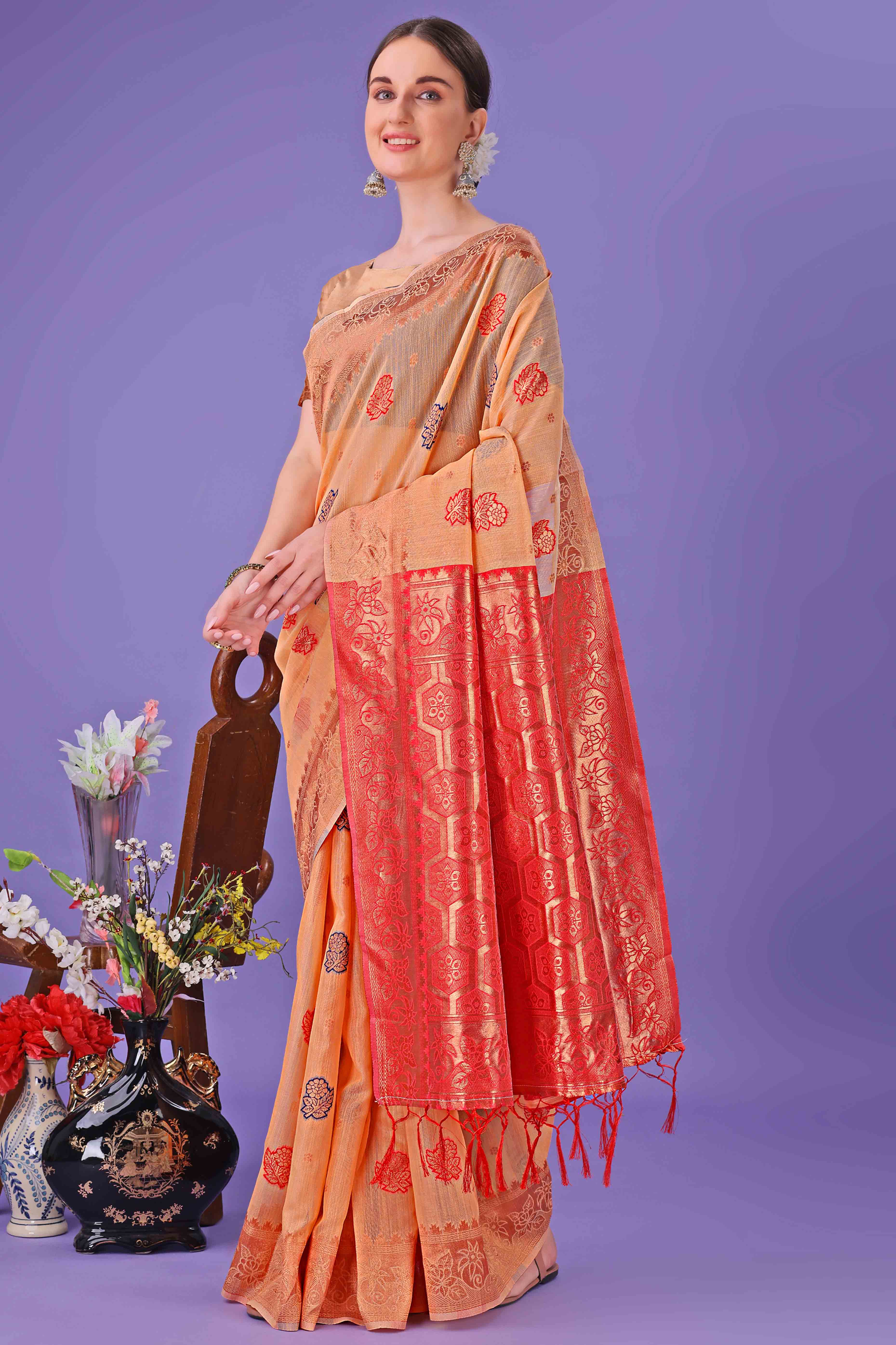 Orange with Floral Zari Weaving on a Linen Cotton Base