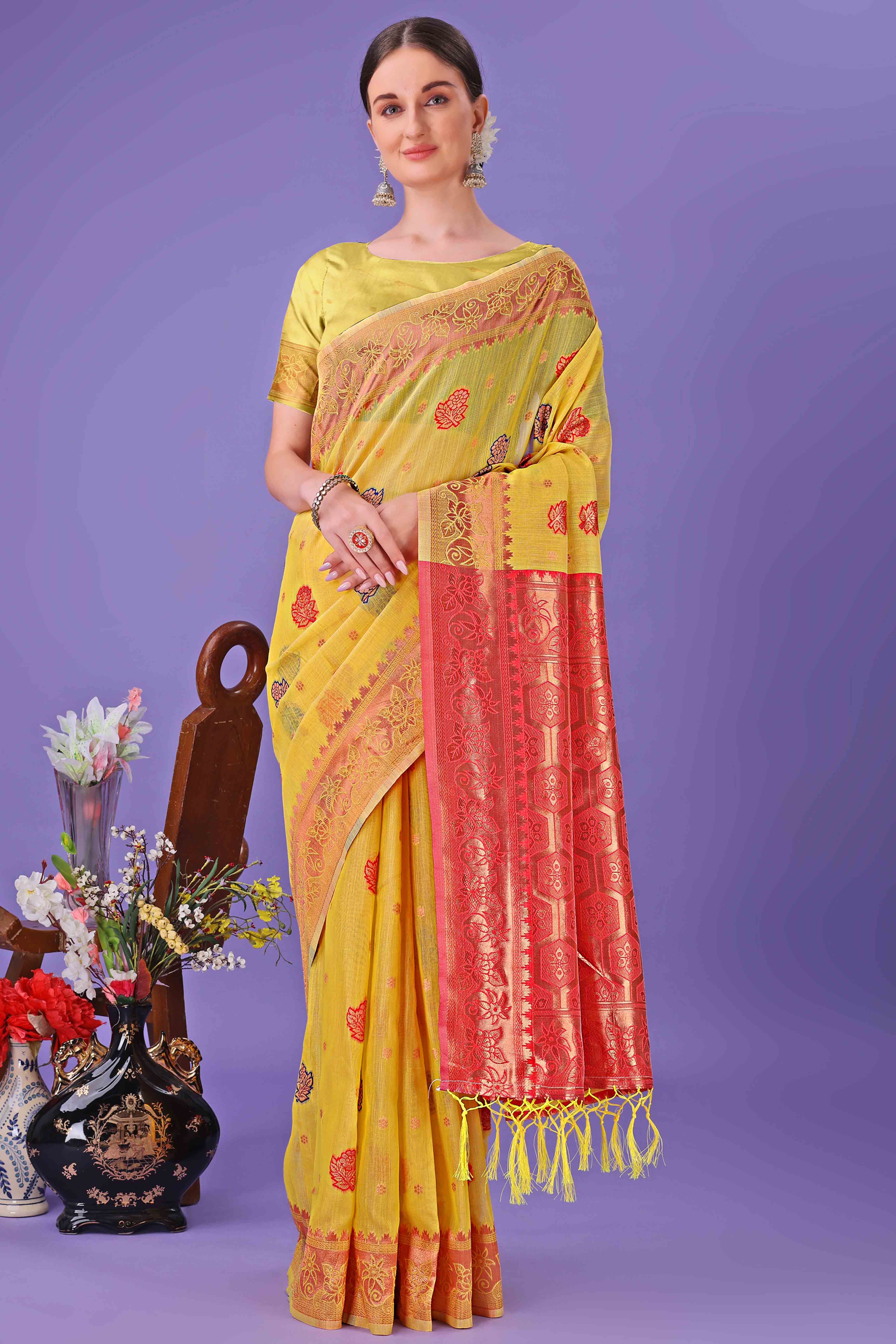 Yellow Saree with Floral Zari Weaving on a Linen Cotton Base