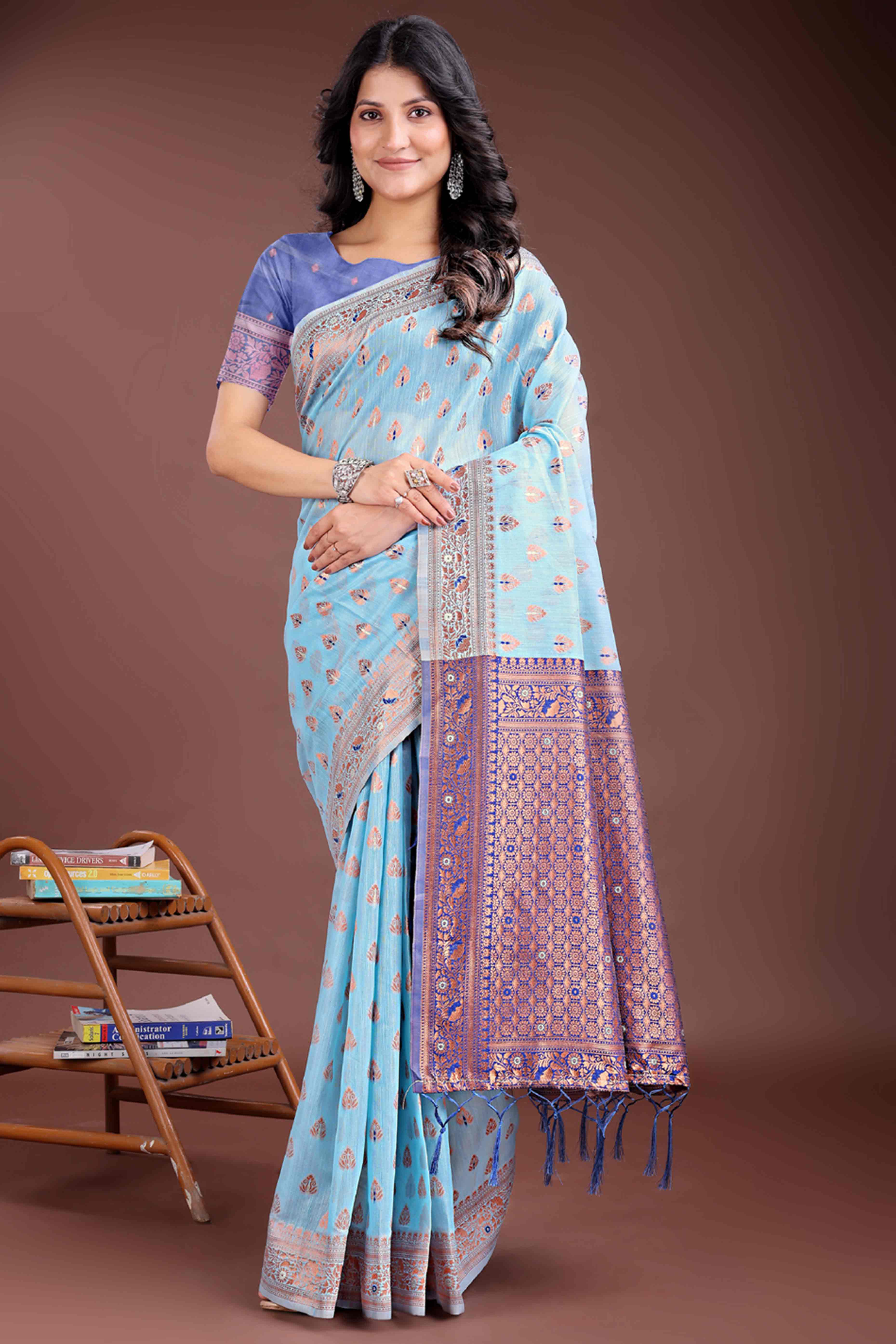 Dreamy Sky Blue Floral Zari Weaving Cotton Blend Saree with Delicate Tassel Embellishments