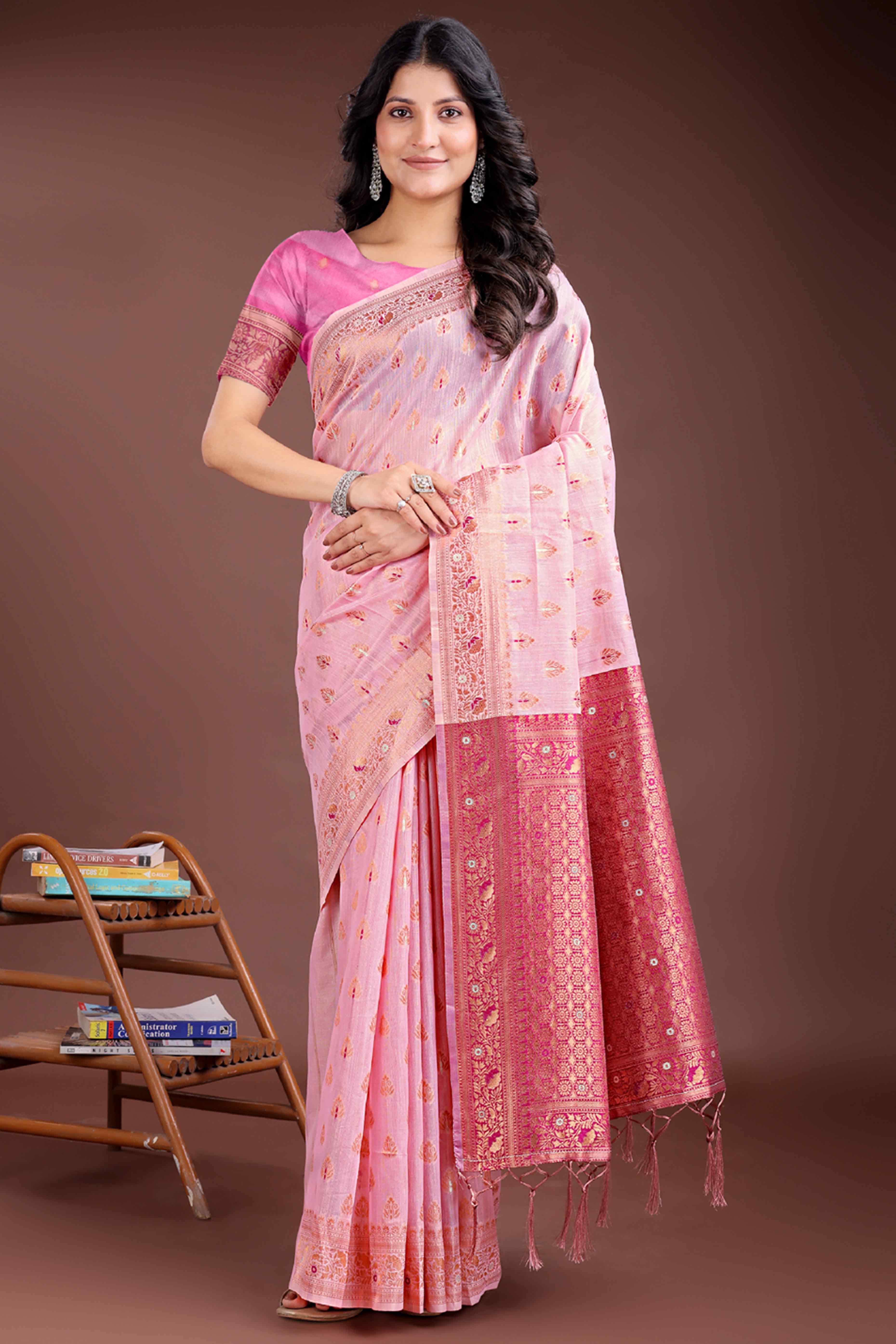 Romantic Pink Floral Zari Weaving Cotton Blend Saree with Lovely Tassel Accents