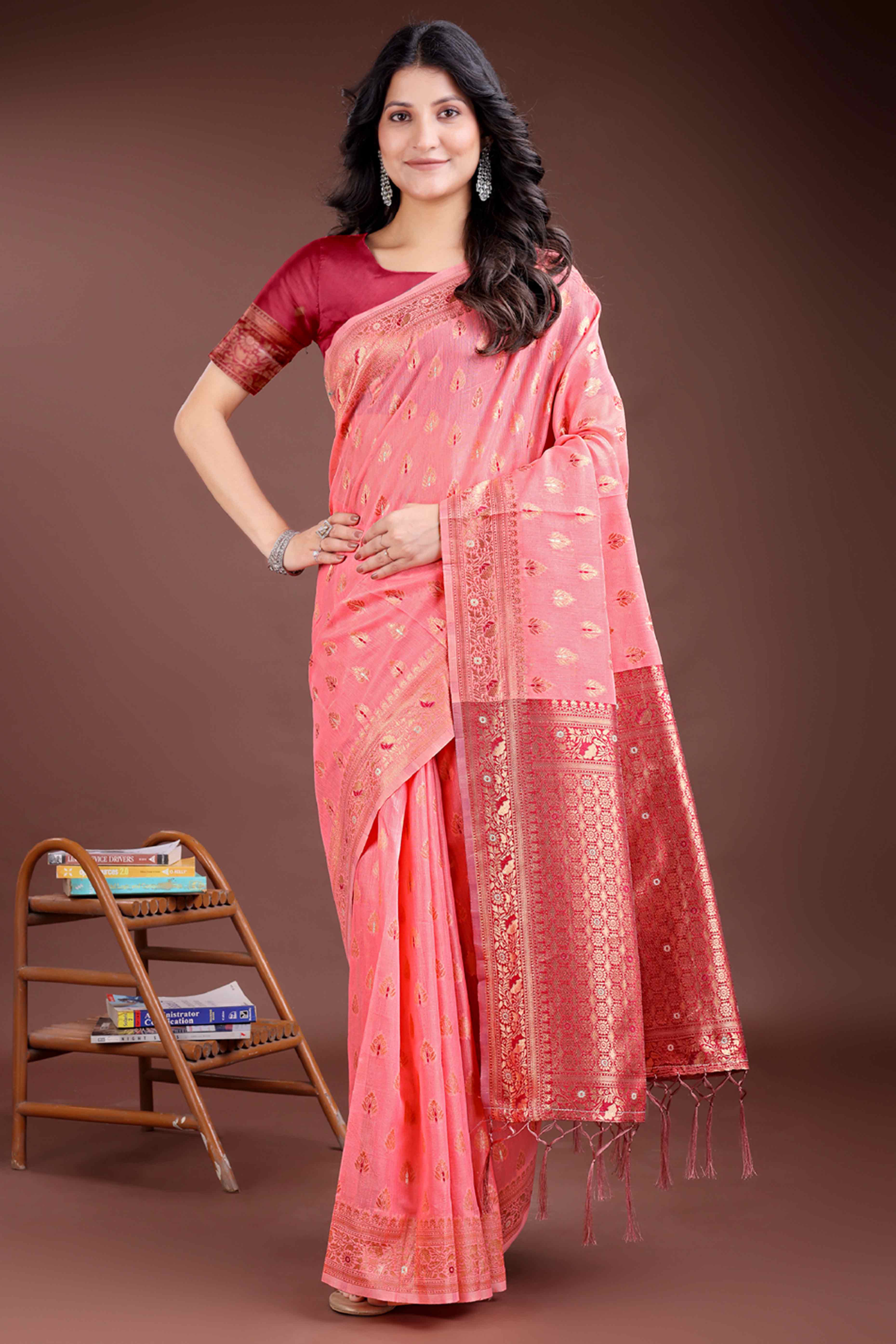 Elegant Peach Floral Zari Weaving Cotton Blend Saree with Beautiful Tassel Details