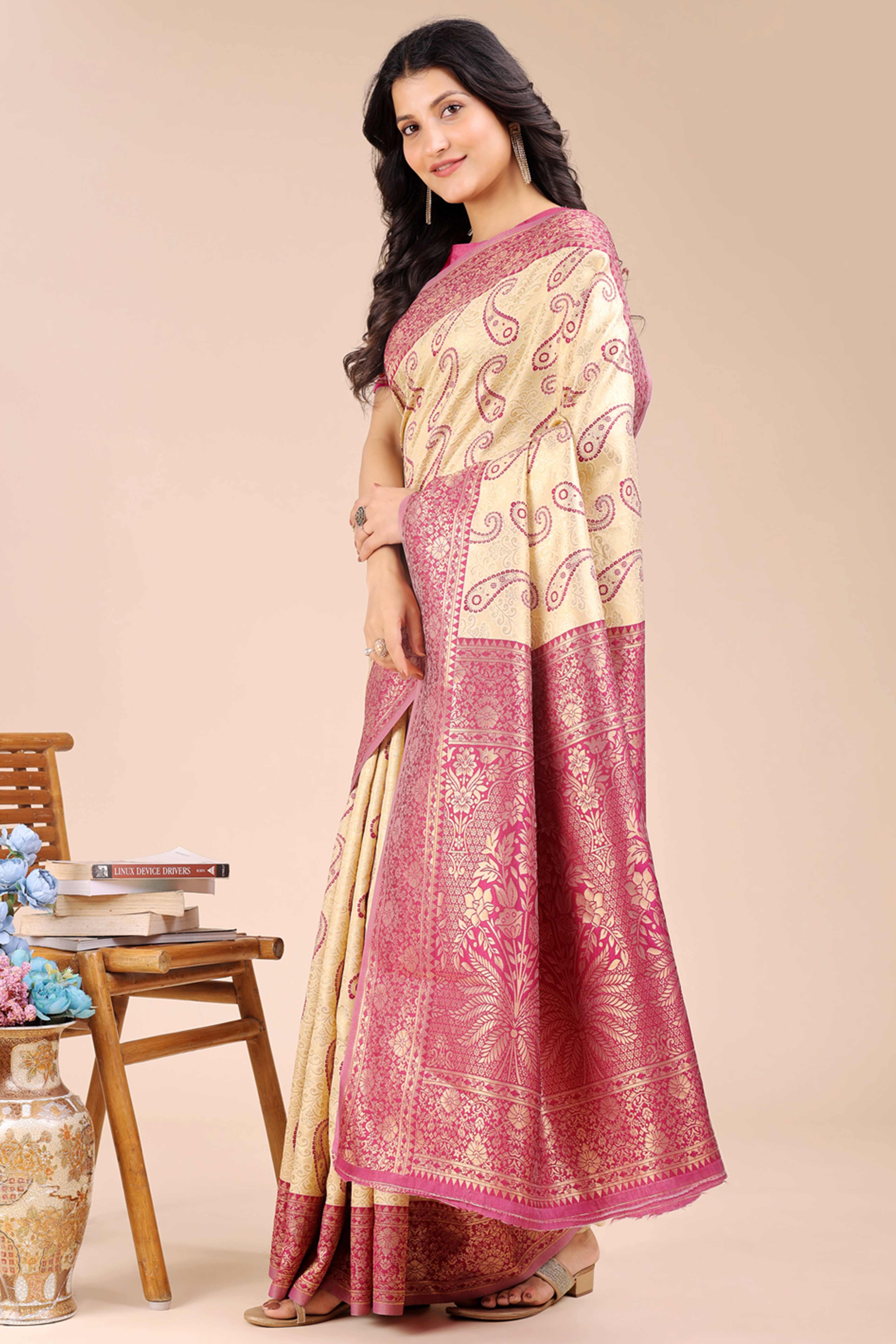 Cream Banarasi Silk Saree Featuring Magenta Floral Zari Weaving and a Rich Contrast Border