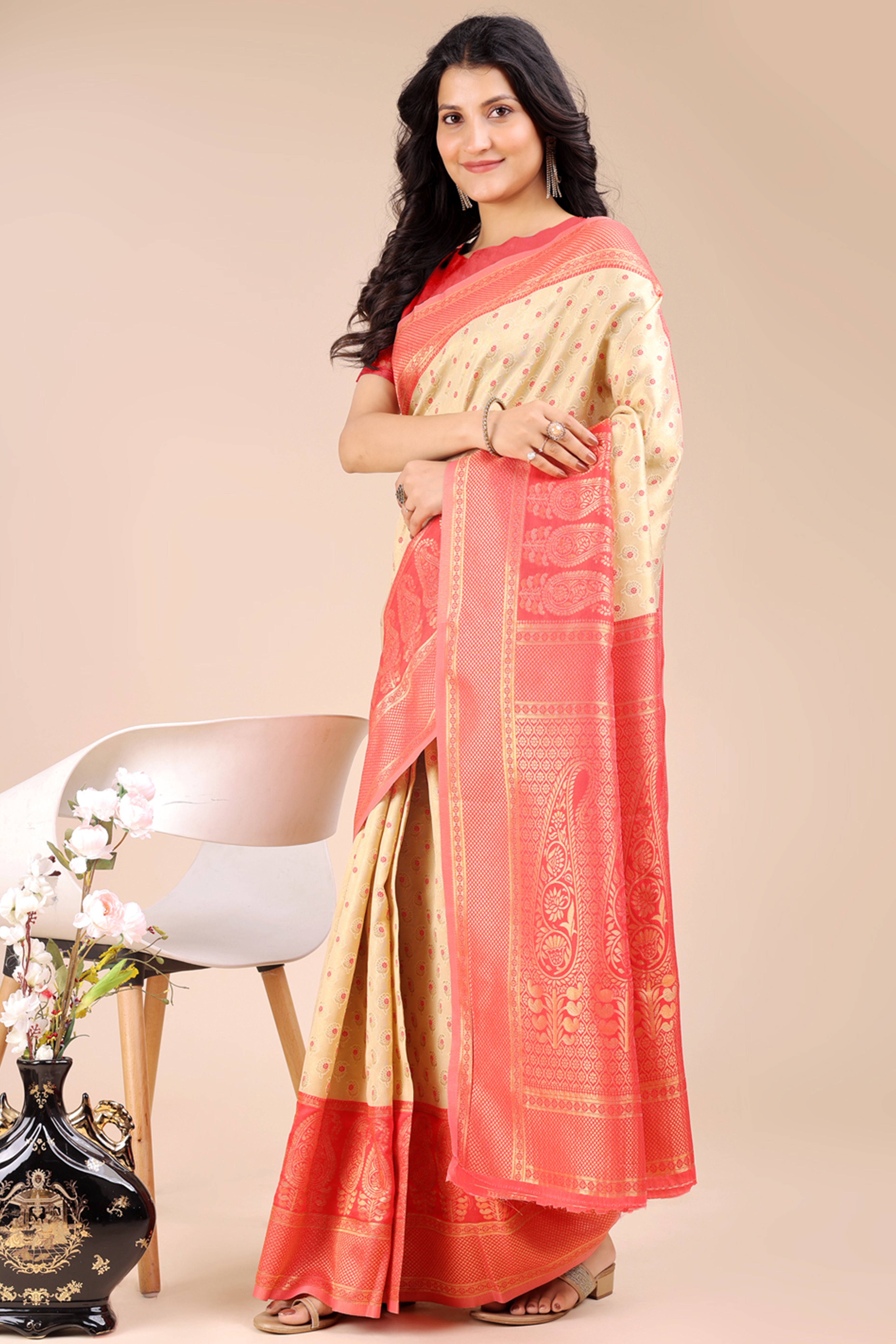 Cream Banarasi Silk Saree Featuring Lustrous Red Floral Zari Weaving and a Rich Contrast Border