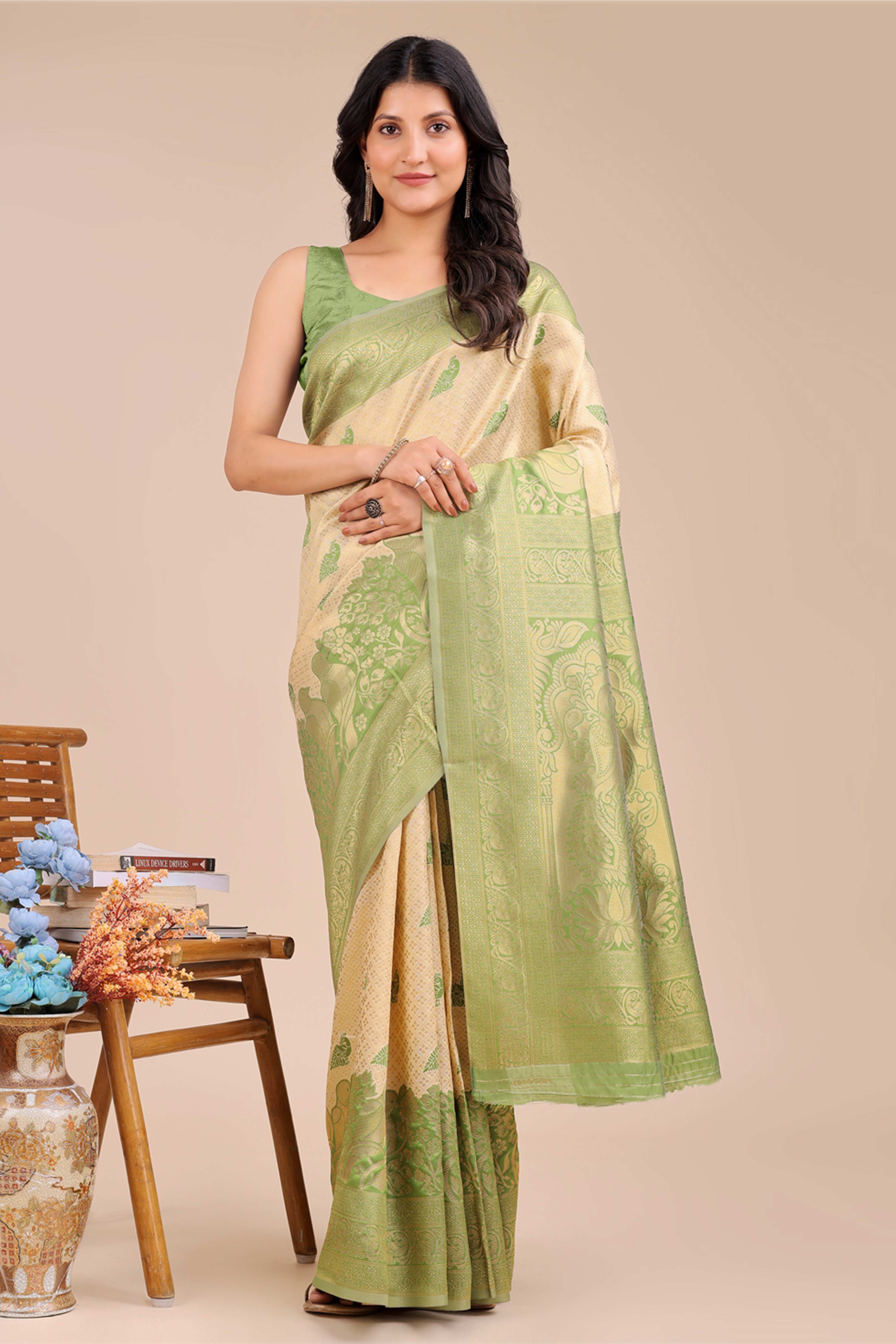 Cream & Light Green Floral Zari Weaving Banarasi Silk Saree With Intricate Peacock Pallu