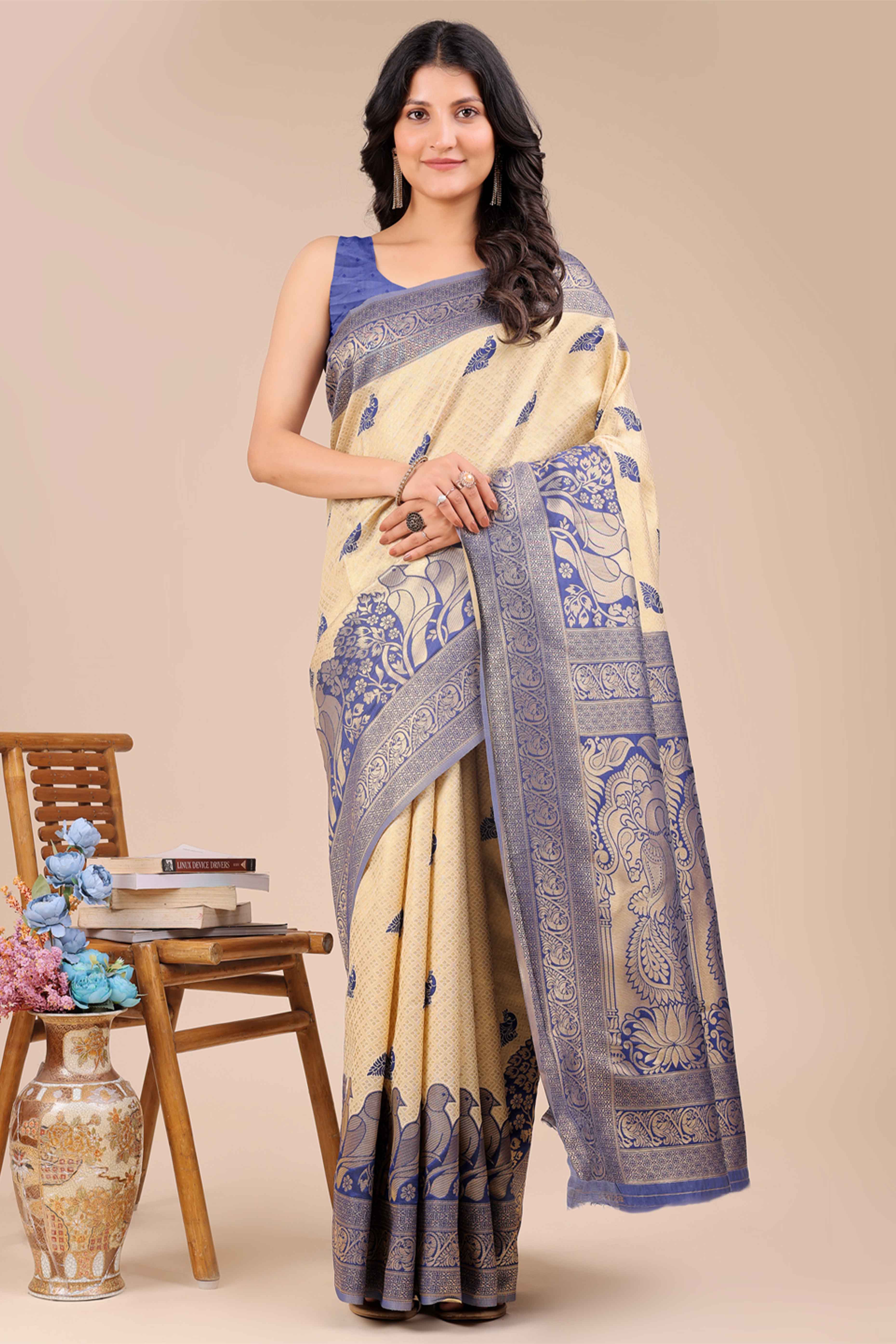 Cream & Navy Blue Floral Zari Weaving Banarasi Silk Saree With Intricate Peacock Pallu