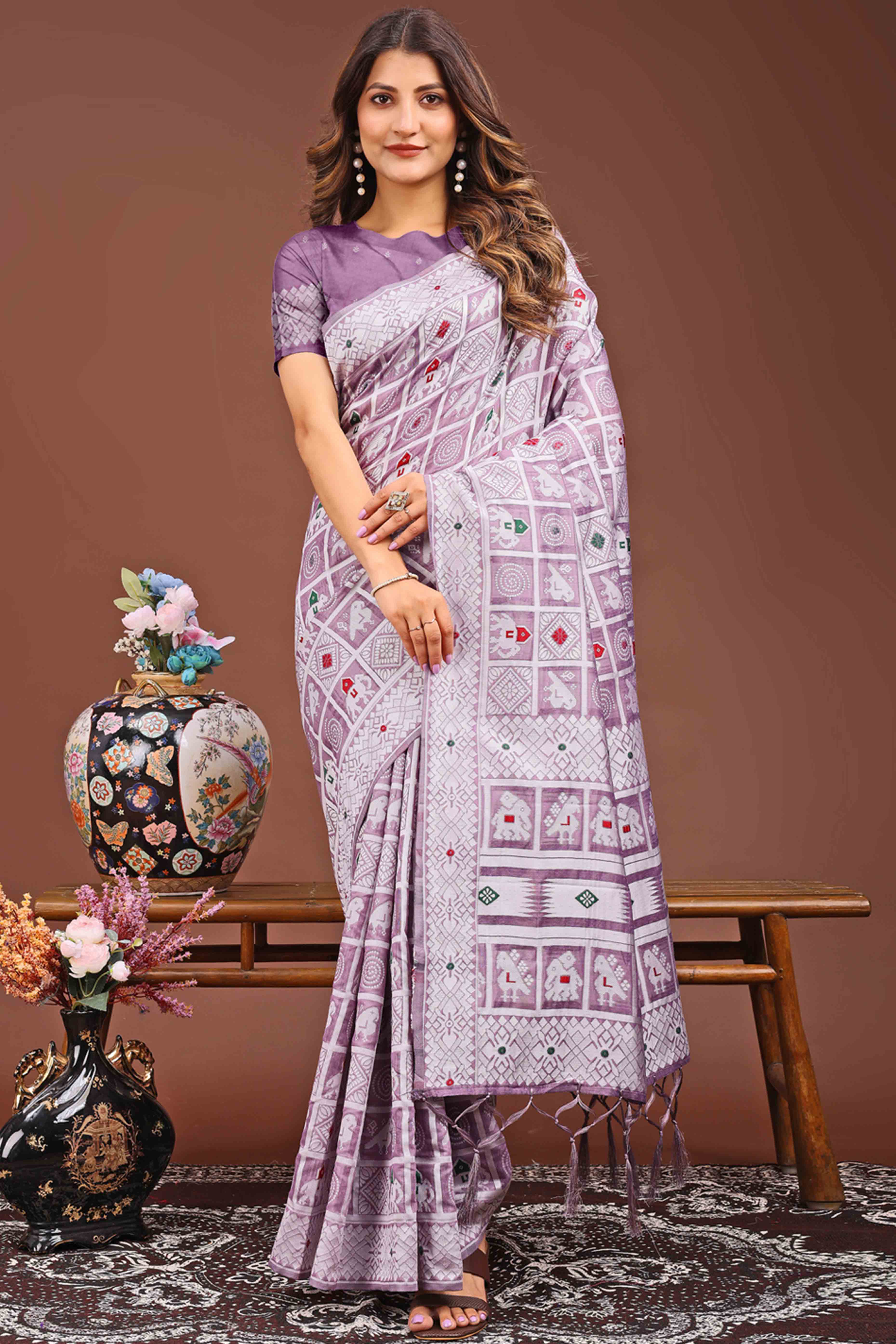 Lilac Purple Linen Cotton Saree Adorned With Zari Weaving & Tassel pallu