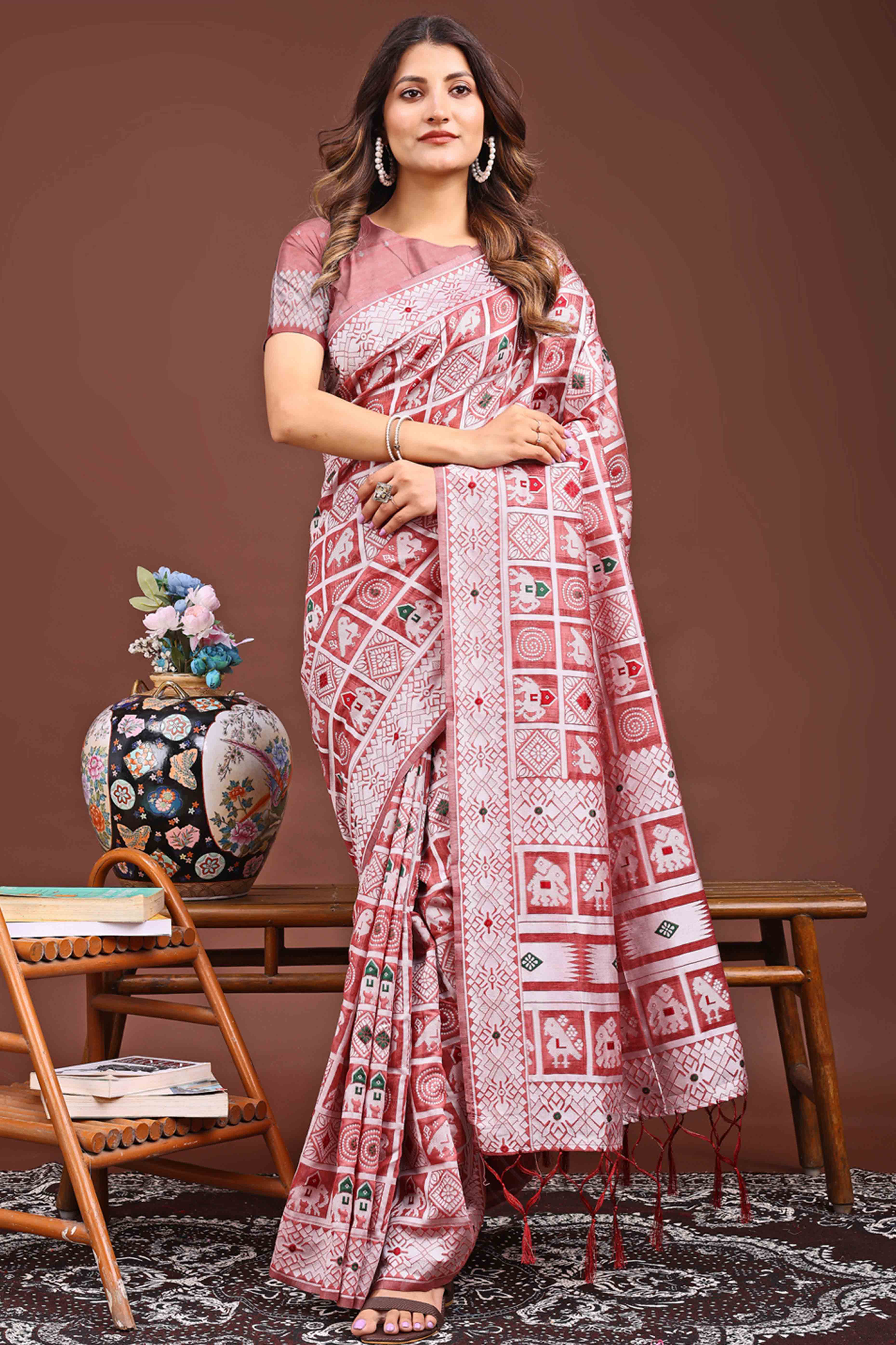 Peach Linen Cotton Saree Adorned With Zari Weaving & Tassel pallu