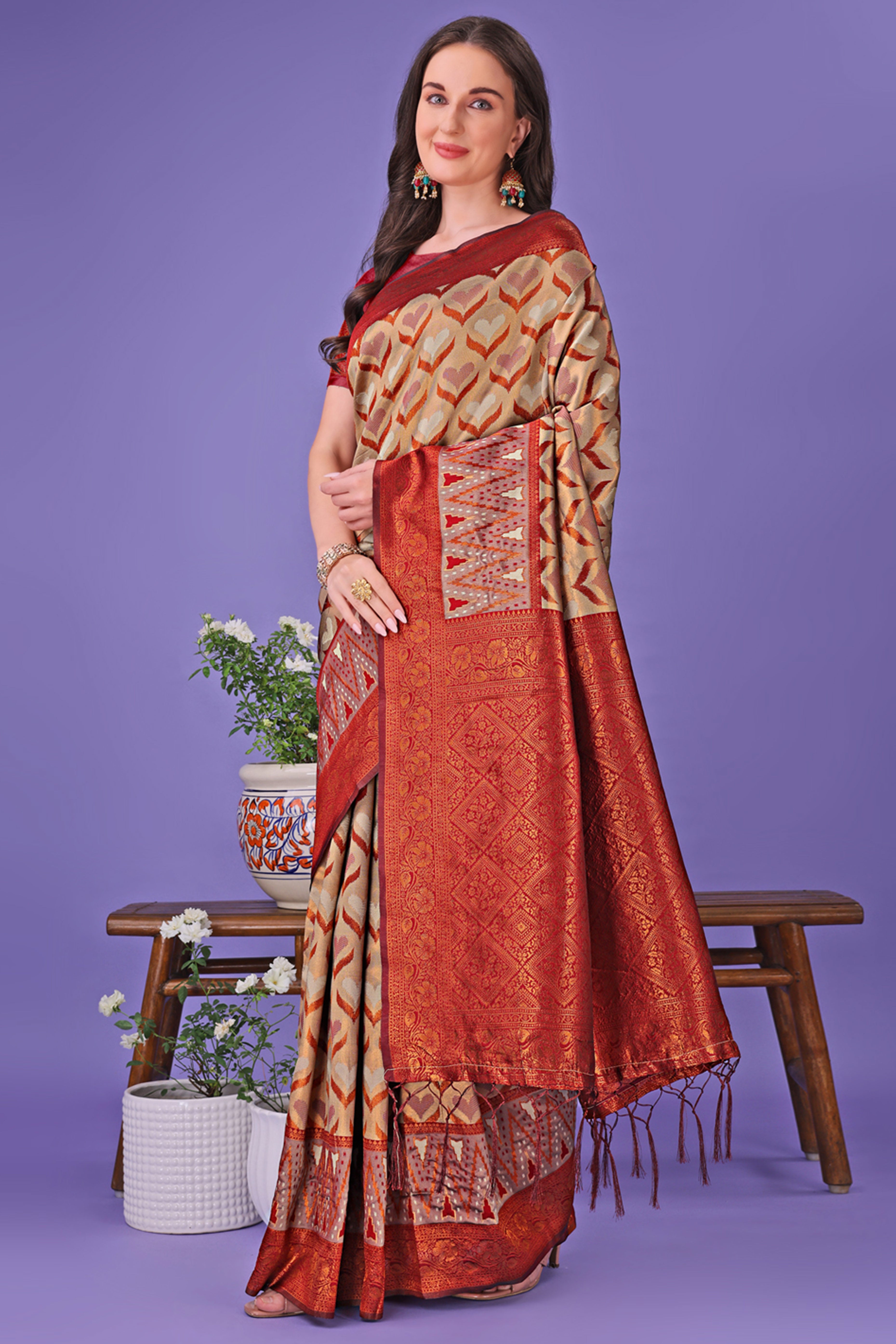 Chikoo Heart Motif Zari Woven Lichi Cotton Silk Saree With Flowing Tassels