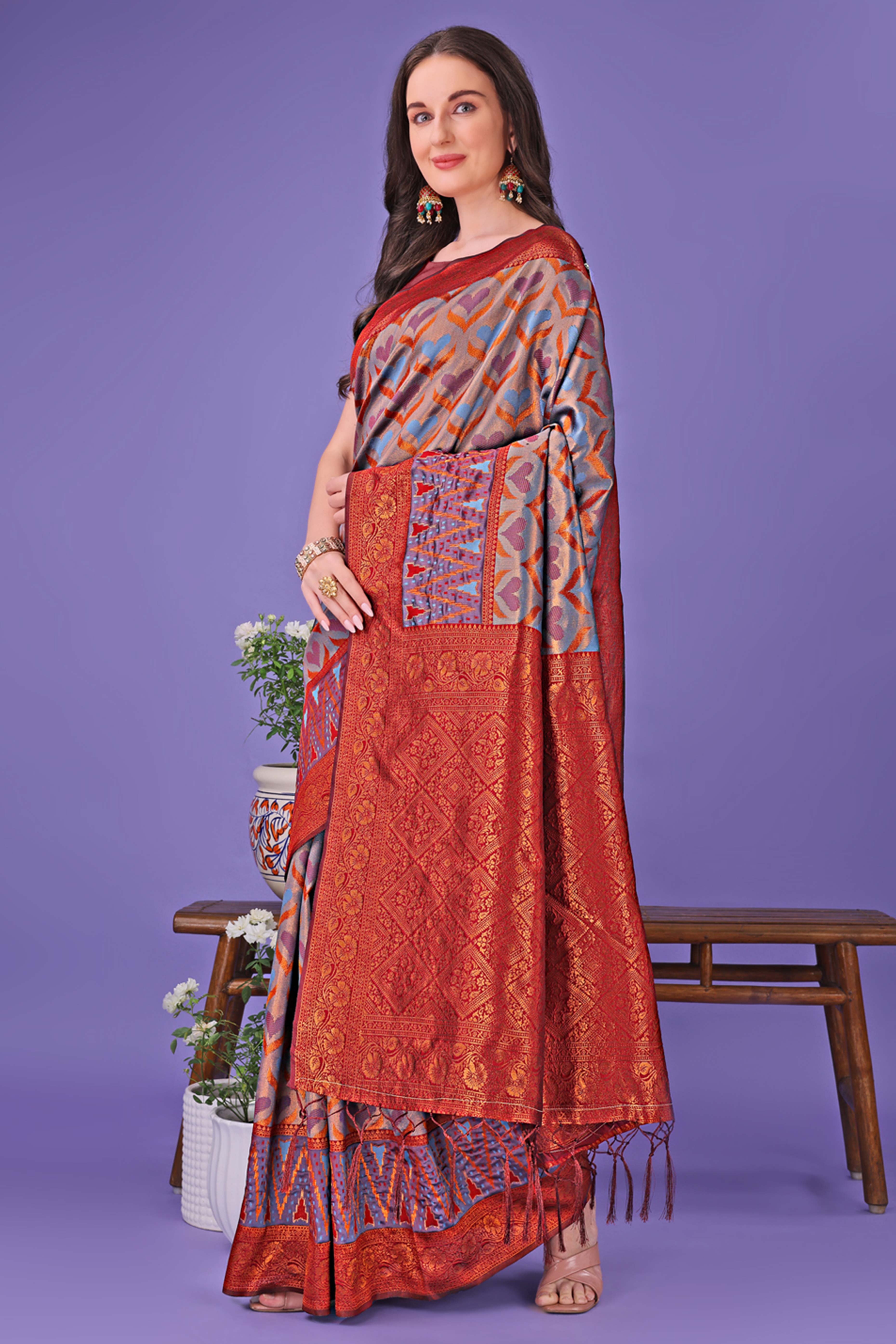 Grey Heart Motif Zari Woven Lichi Cotton Silk Saree With Flowing Tassels