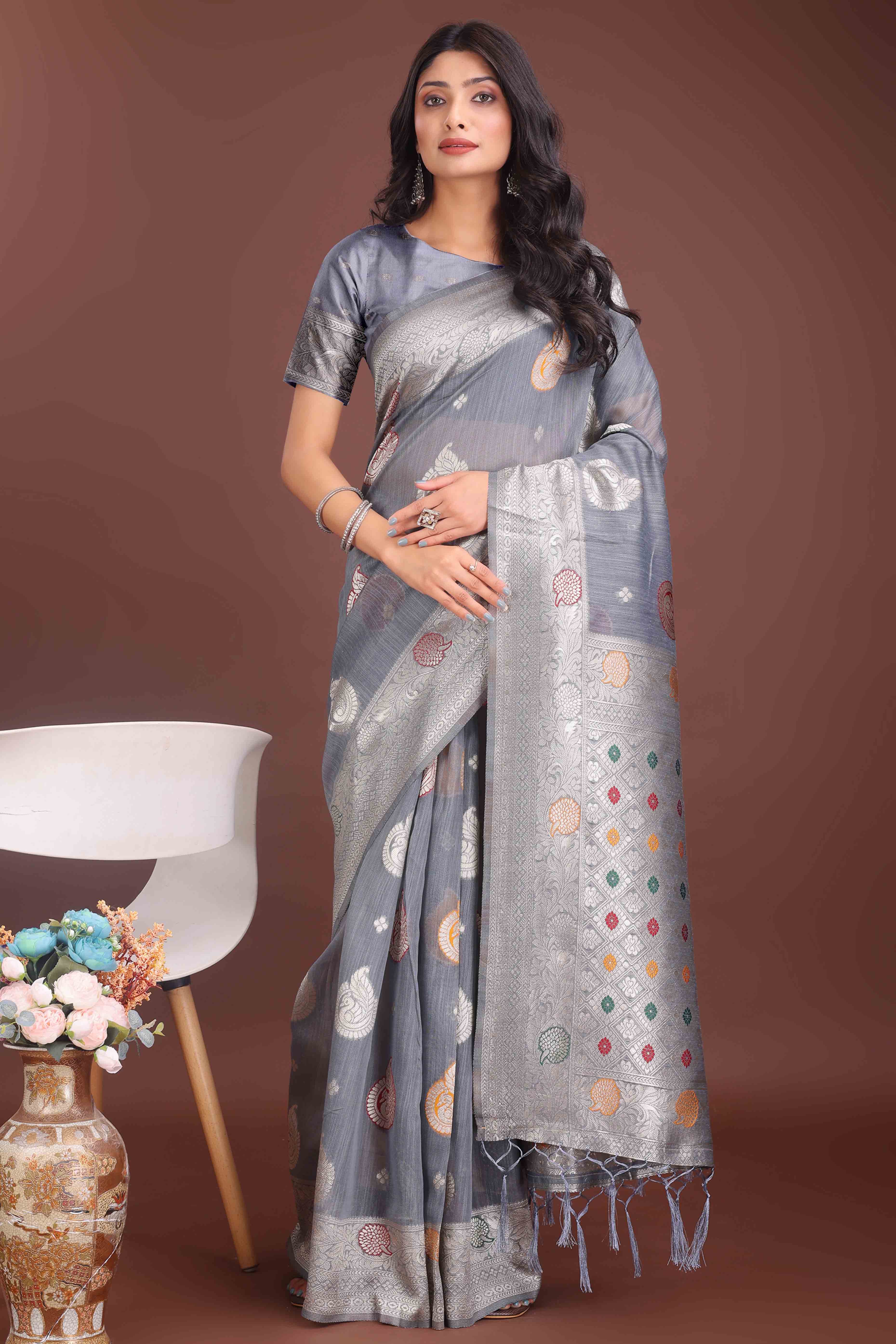 Grey Lichi Cotton Blend Saree With Zari Floral Weaving & Tassel Detailing