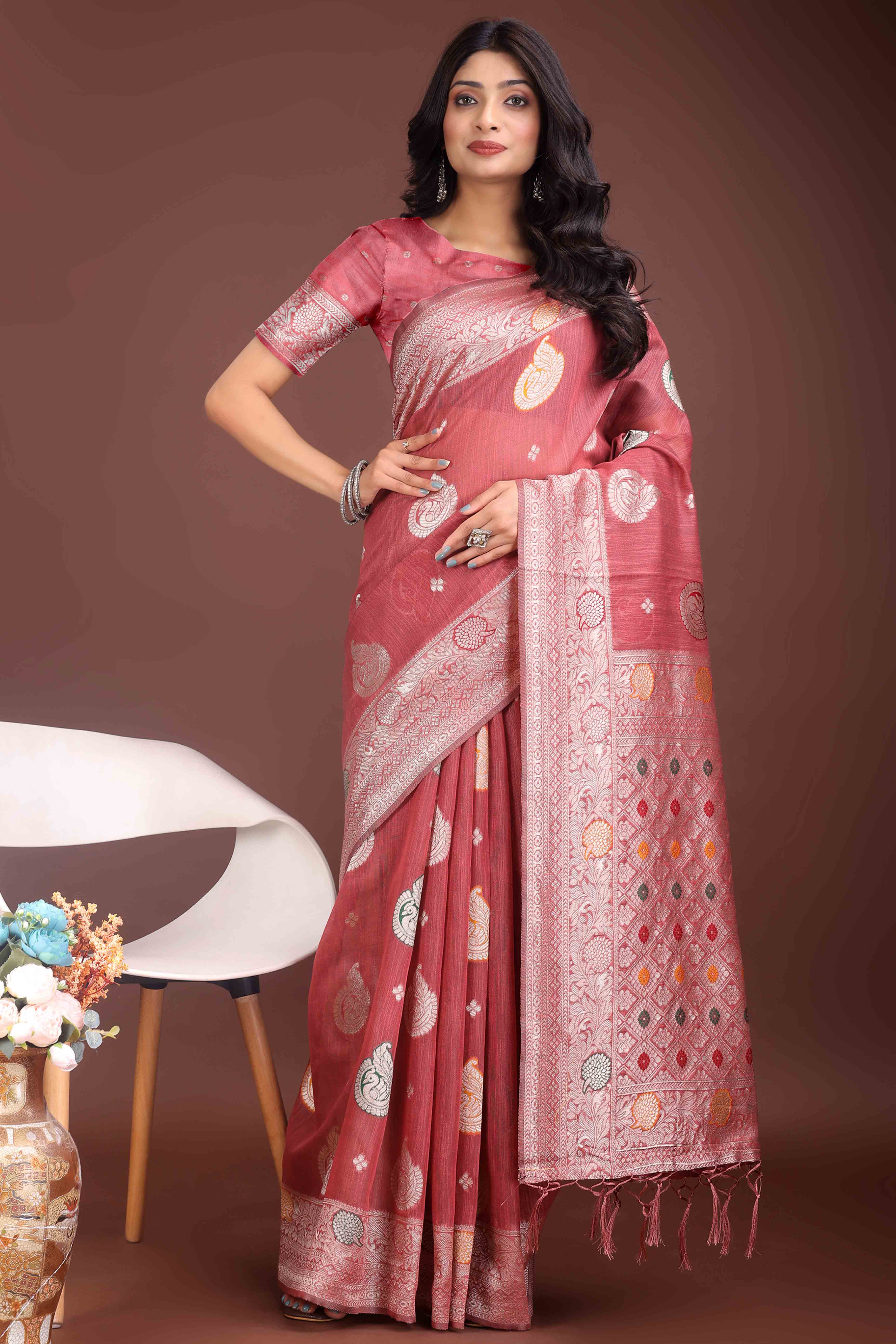 Dark Coral Pink Lichi Cotton Blend Saree With Zari Floral Weaving & Tassel Detailing