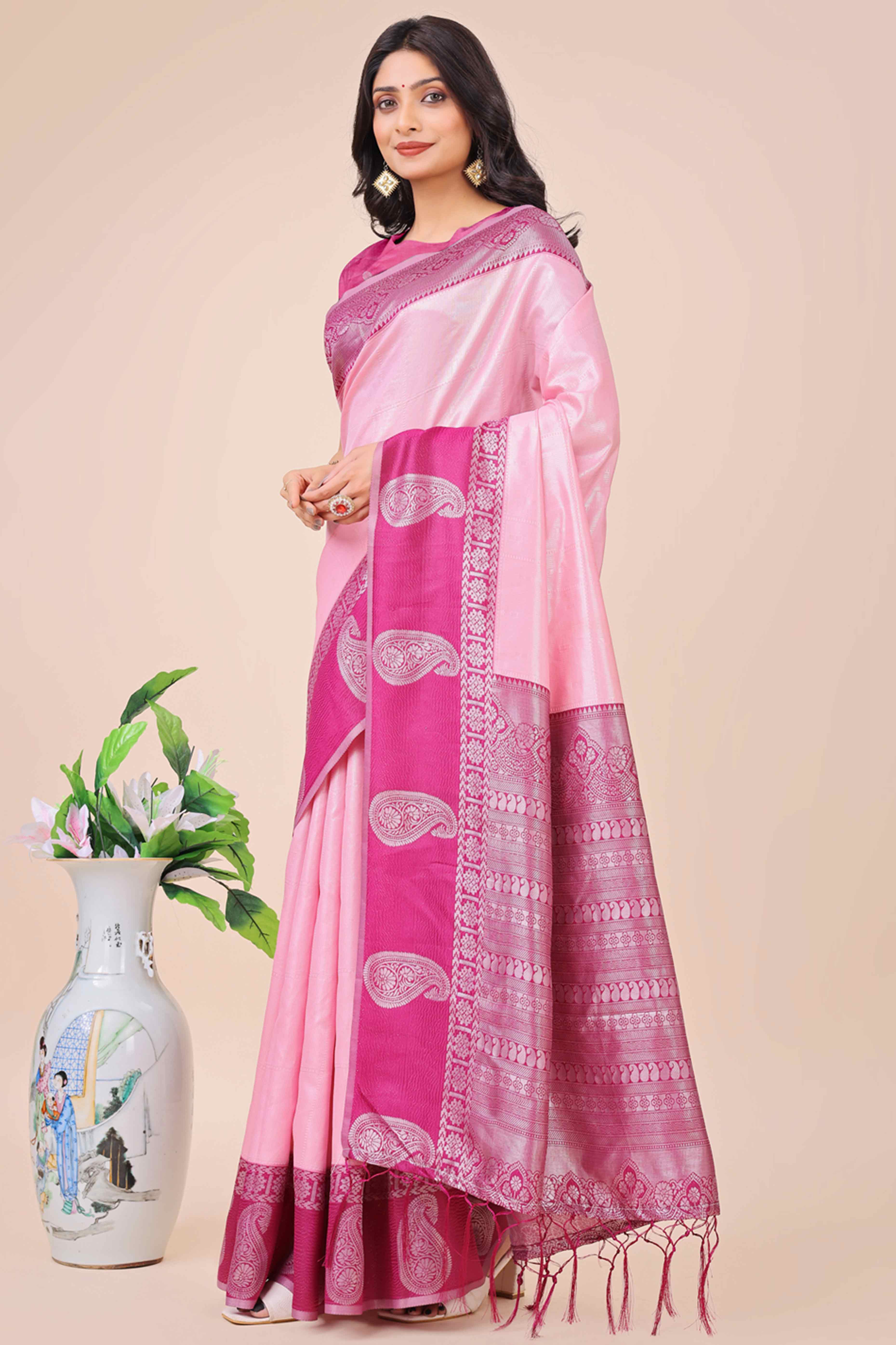 Light Pink Lichi Silk Blend Saree With Intricate Paisley Zari Weave & Graceful Tassels