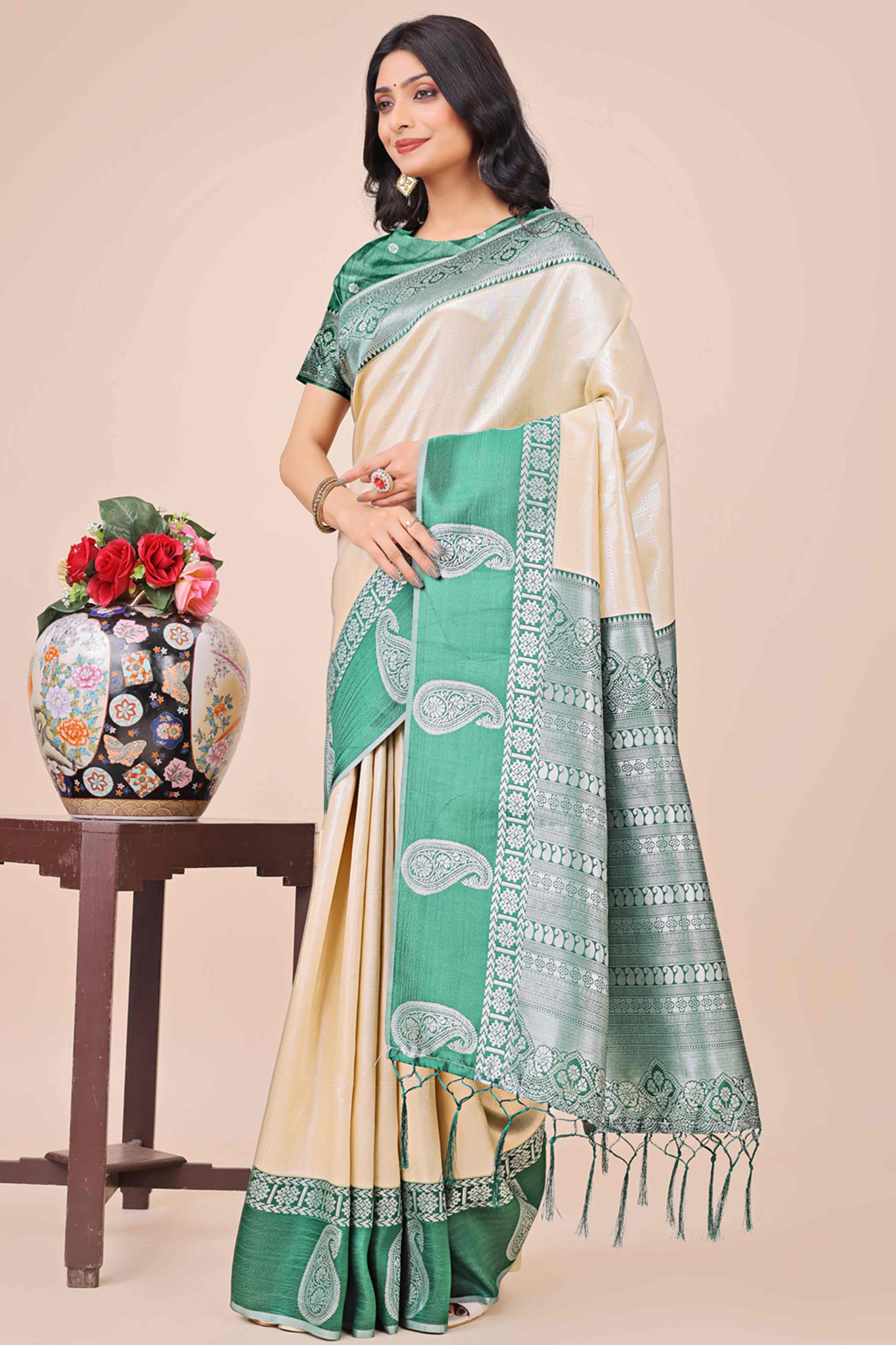 Cream Lichi Silk Blend Saree With Intricate Paisley Zari Weave & Graceful Tassels