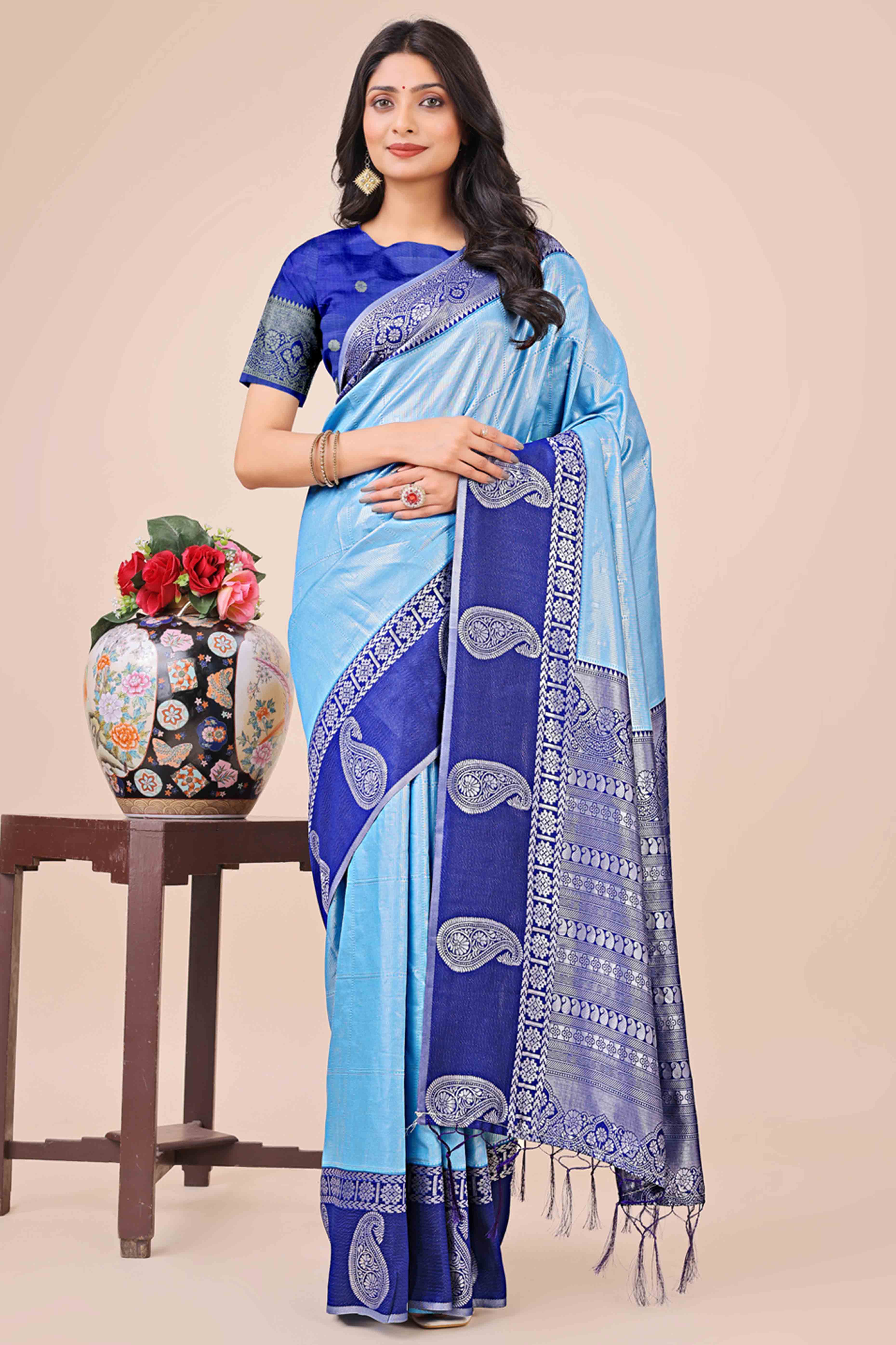 Sky Blue Lichi Silk Blend Saree With Intricate Paisley Zari Weave & Graceful Tassels