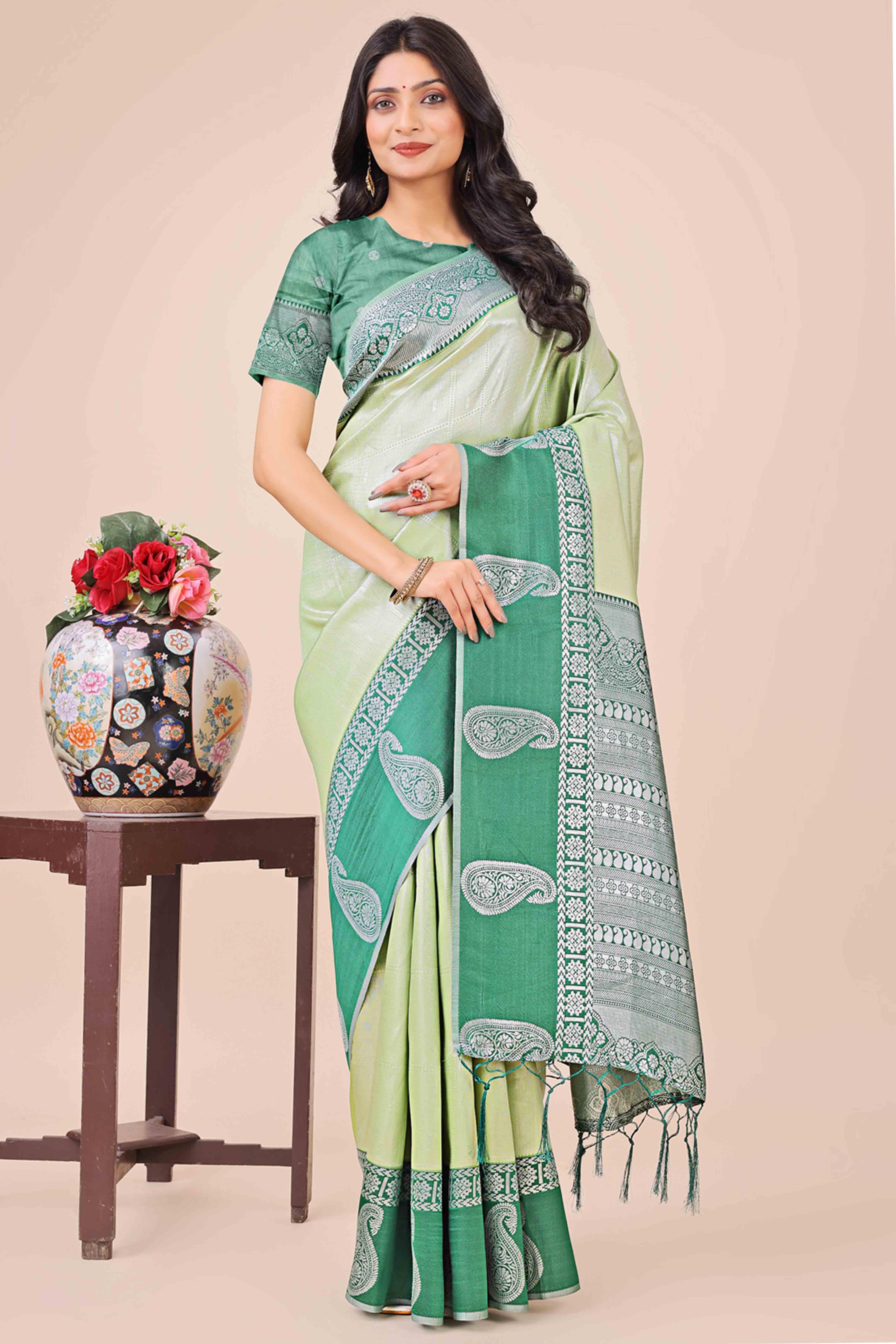 Green Lichi Silk Blend Saree With Intricate Paisley Zari Weave & Graceful Tassels