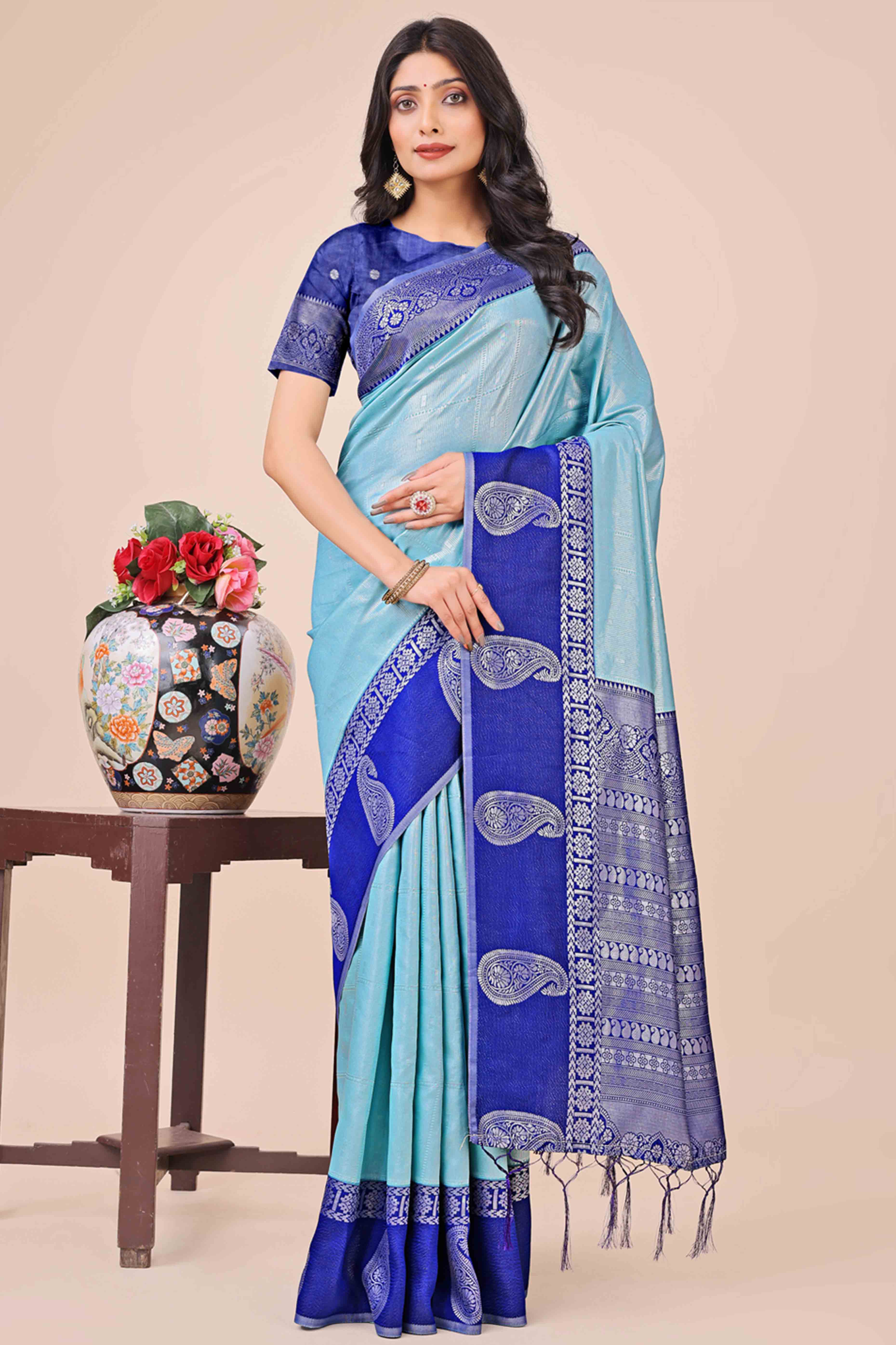 Light Blue Lichi Silk Blend Saree With Intricate Paisley Zari Weave & Graceful Tassels