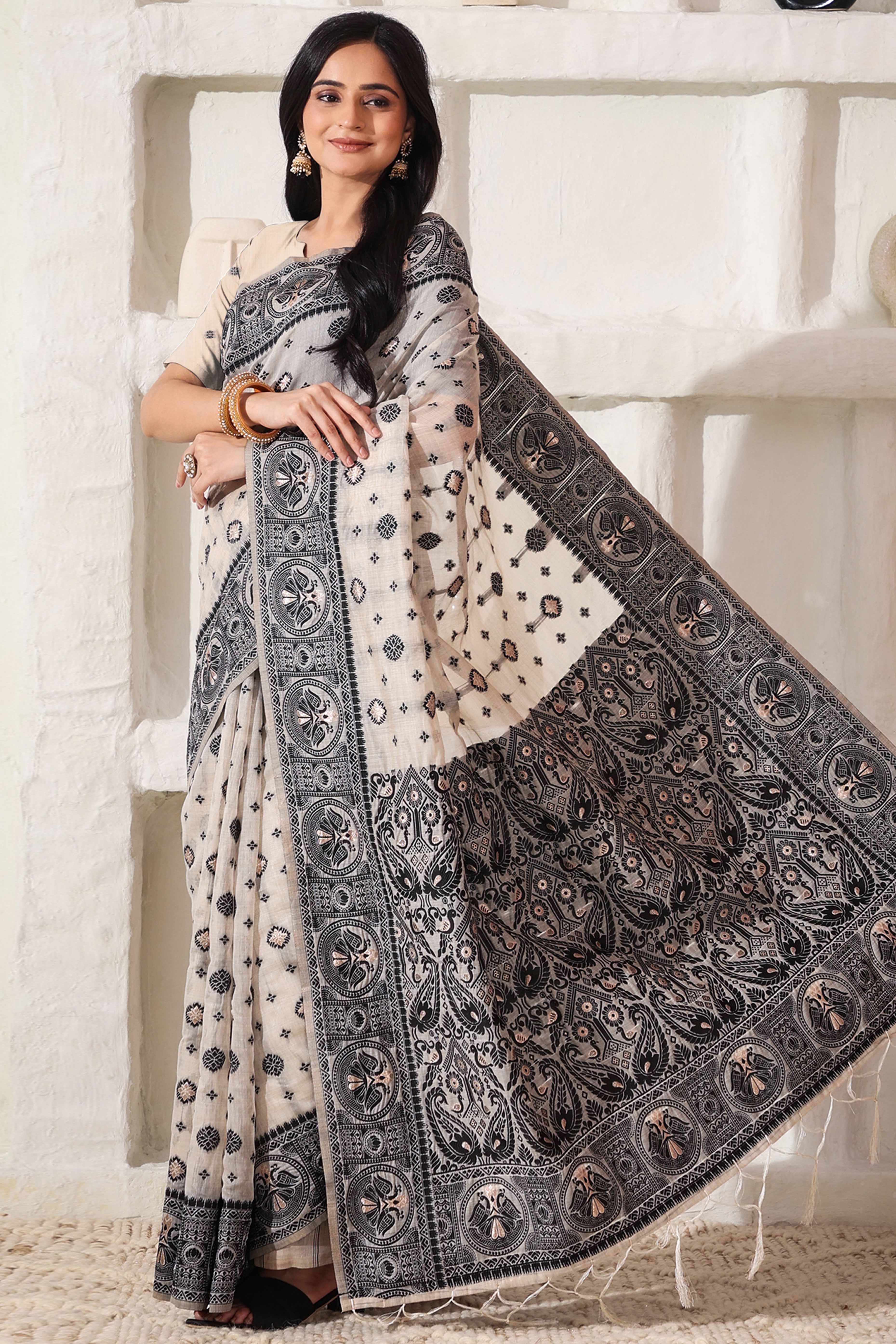 Cream & Black Saree In Linen Cotton With Traditional Zari Woven Detailing And Tassel Pallu