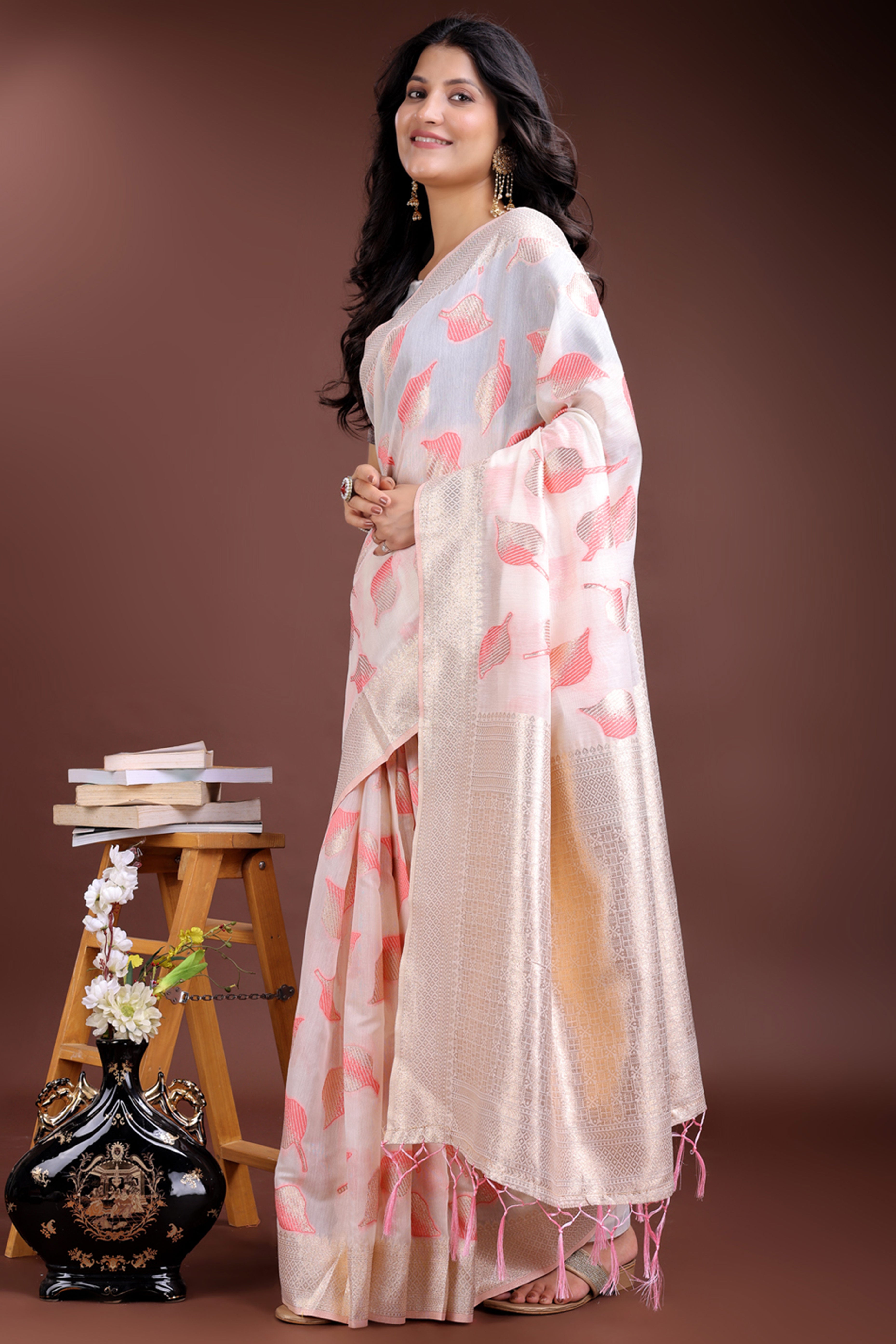 White and Pink Cotton Silk Saree with Leaf Motifs and Zari Border Tassel Design