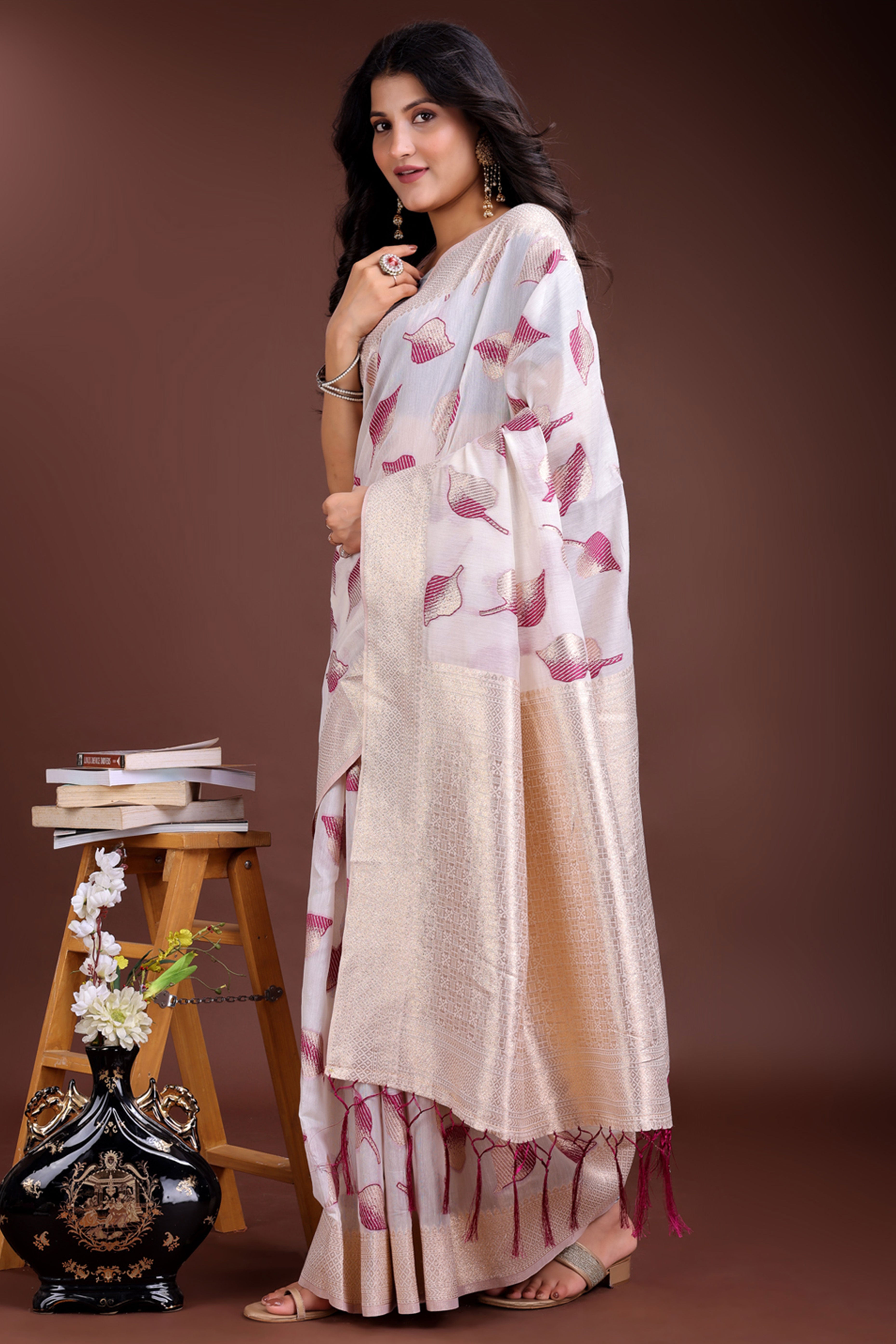 White and Purple Cotton Silk Saree with Leaf Motifs and Zari Border Tassel Finish