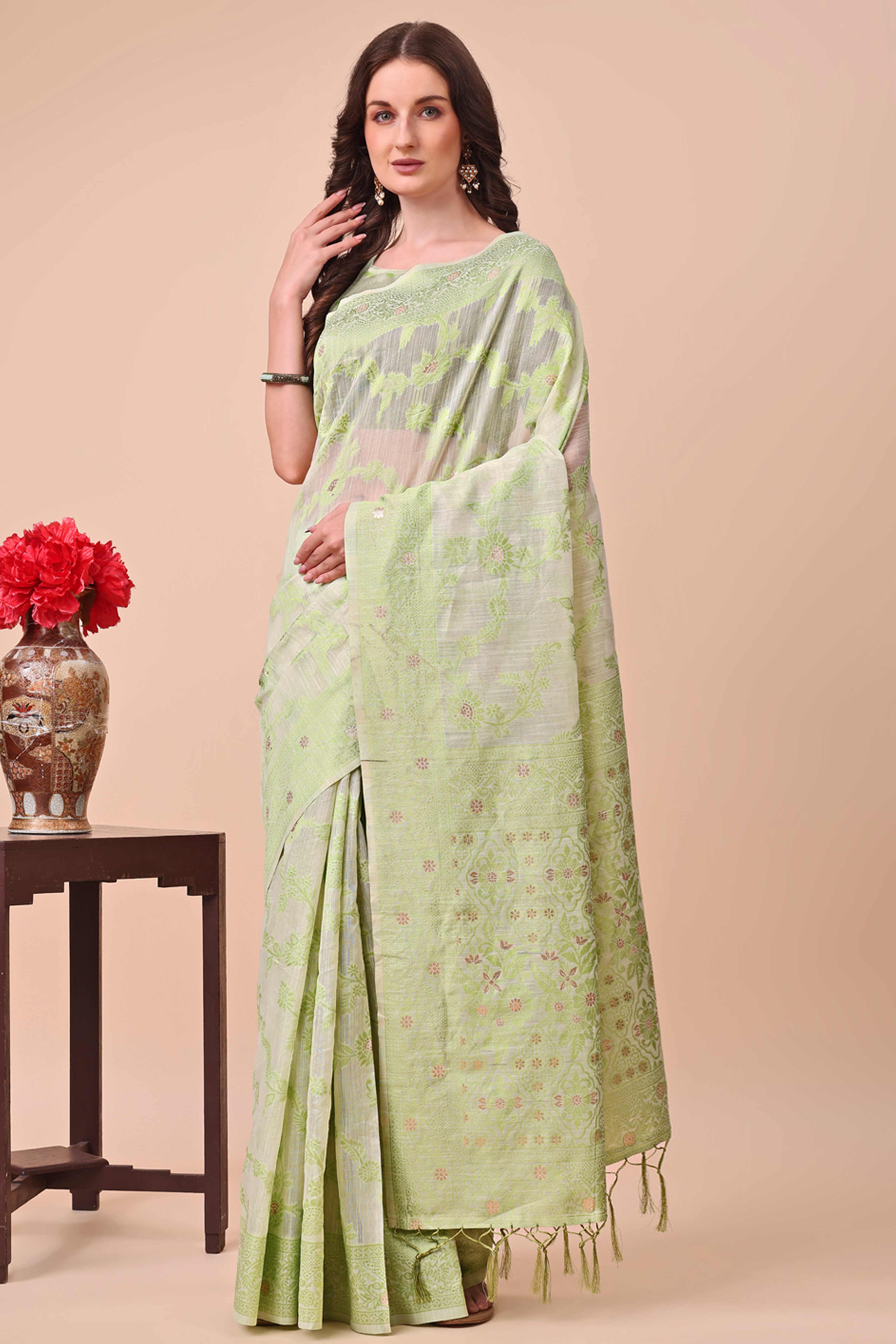 Light Green Floral Zari Woven Cotton Blend Saree With Delicate Tassel Detailing