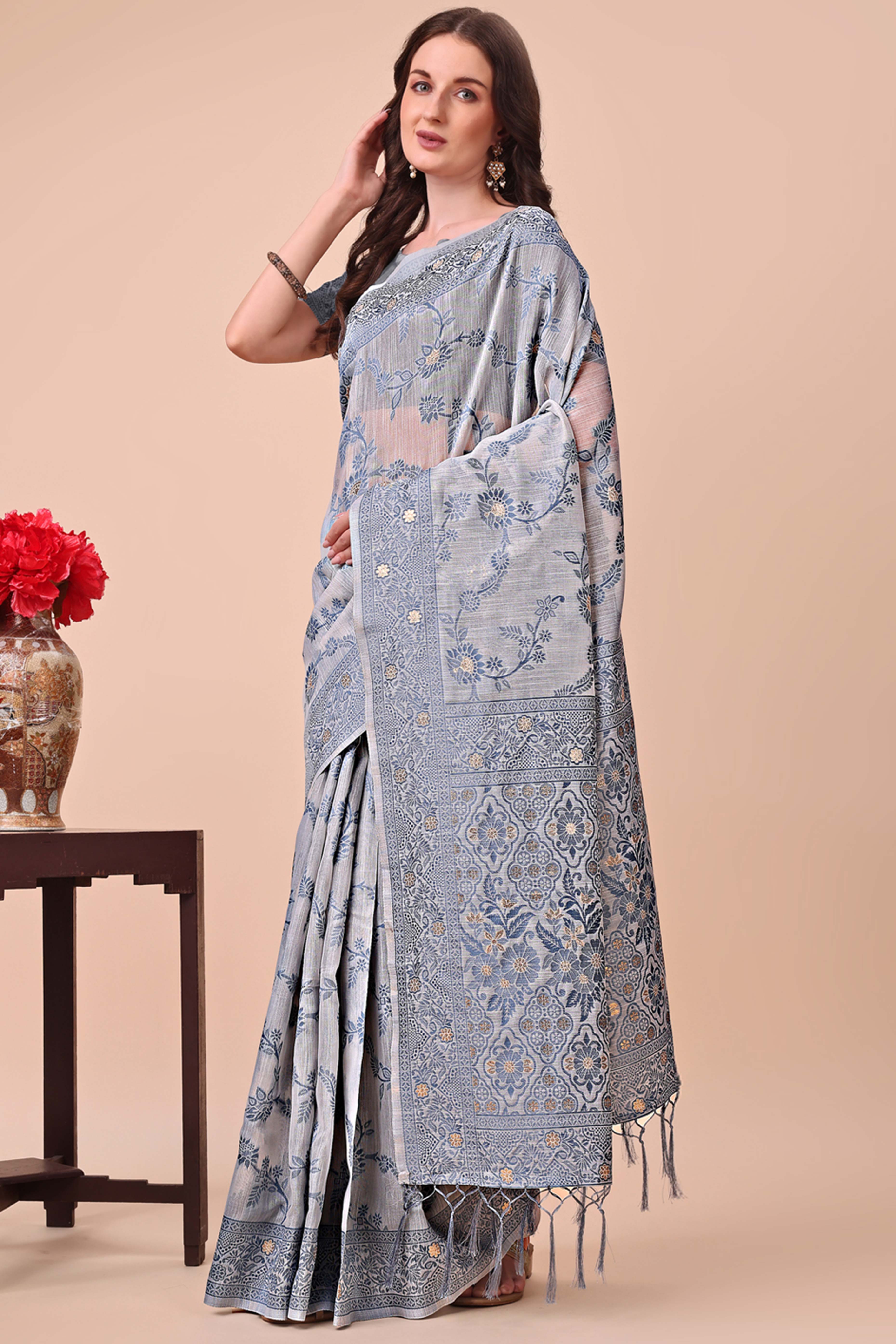 Grey Floral Zari Woven Cotton Blend Saree With Delicate Tassel Detailing