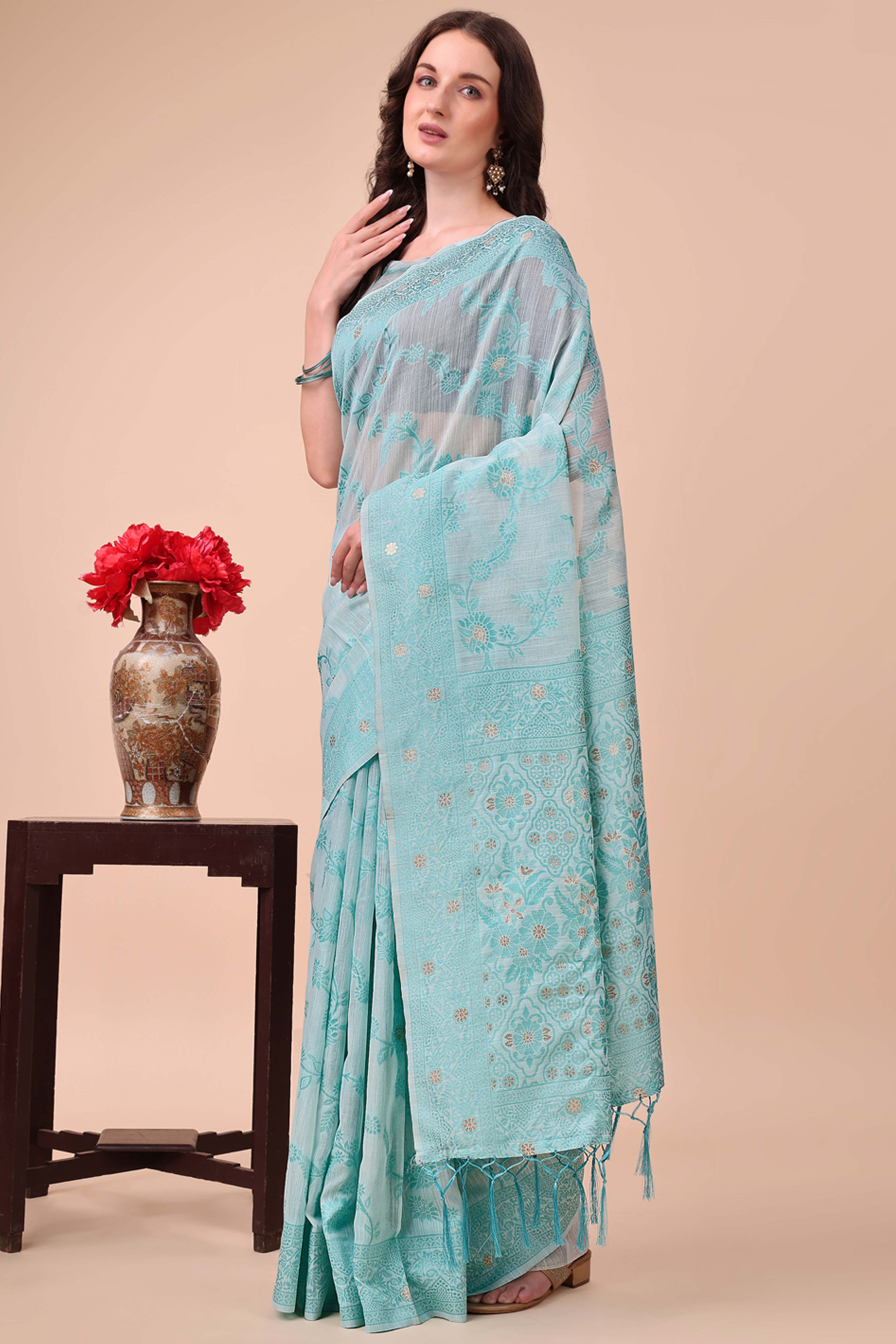Blue Floral Zari Woven Cotton Blend Saree With Delicate Tassel Detailing