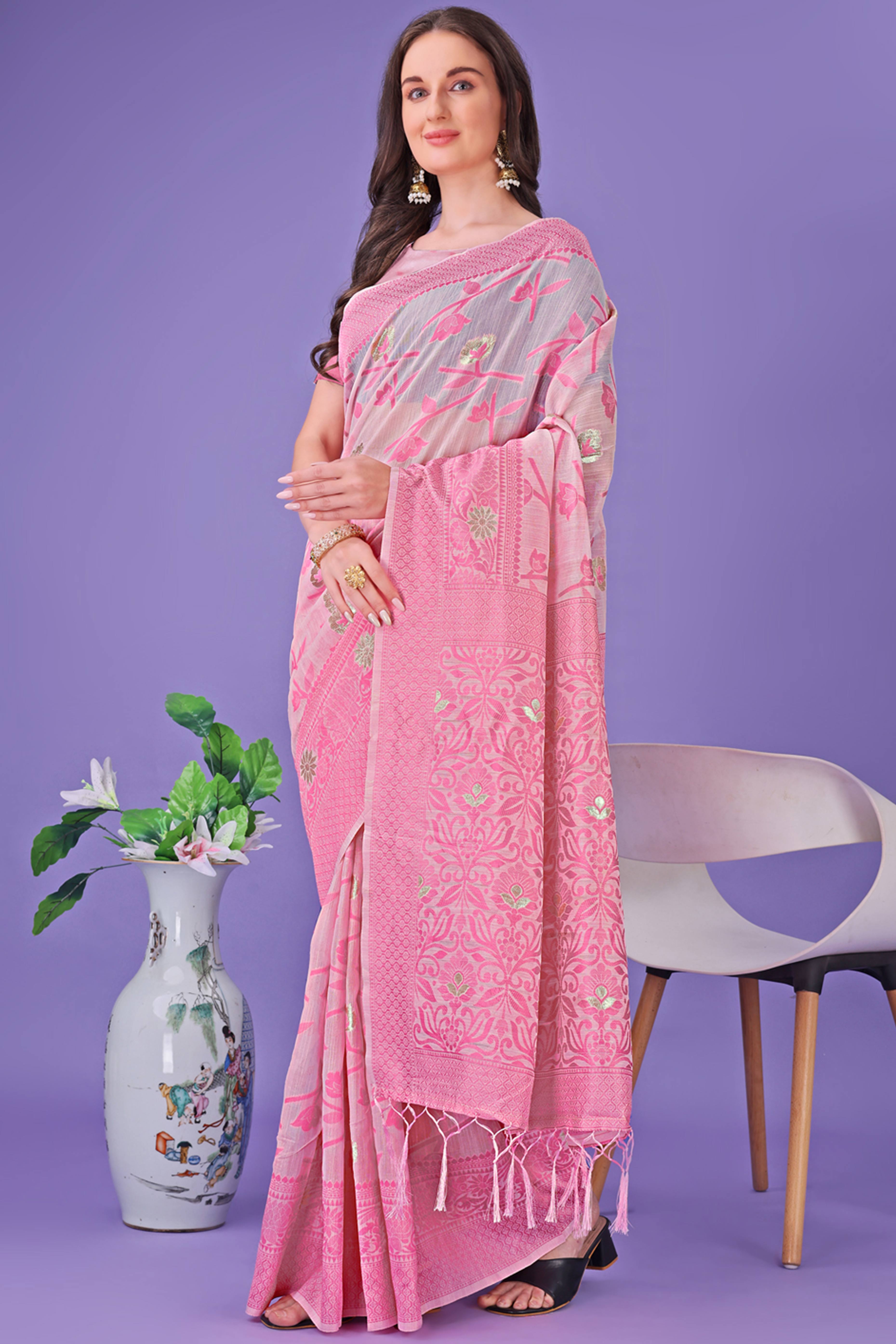 Light Pink Floral Pattern Woven Saree in a Soft Cotton Blend with Tasseled Edges