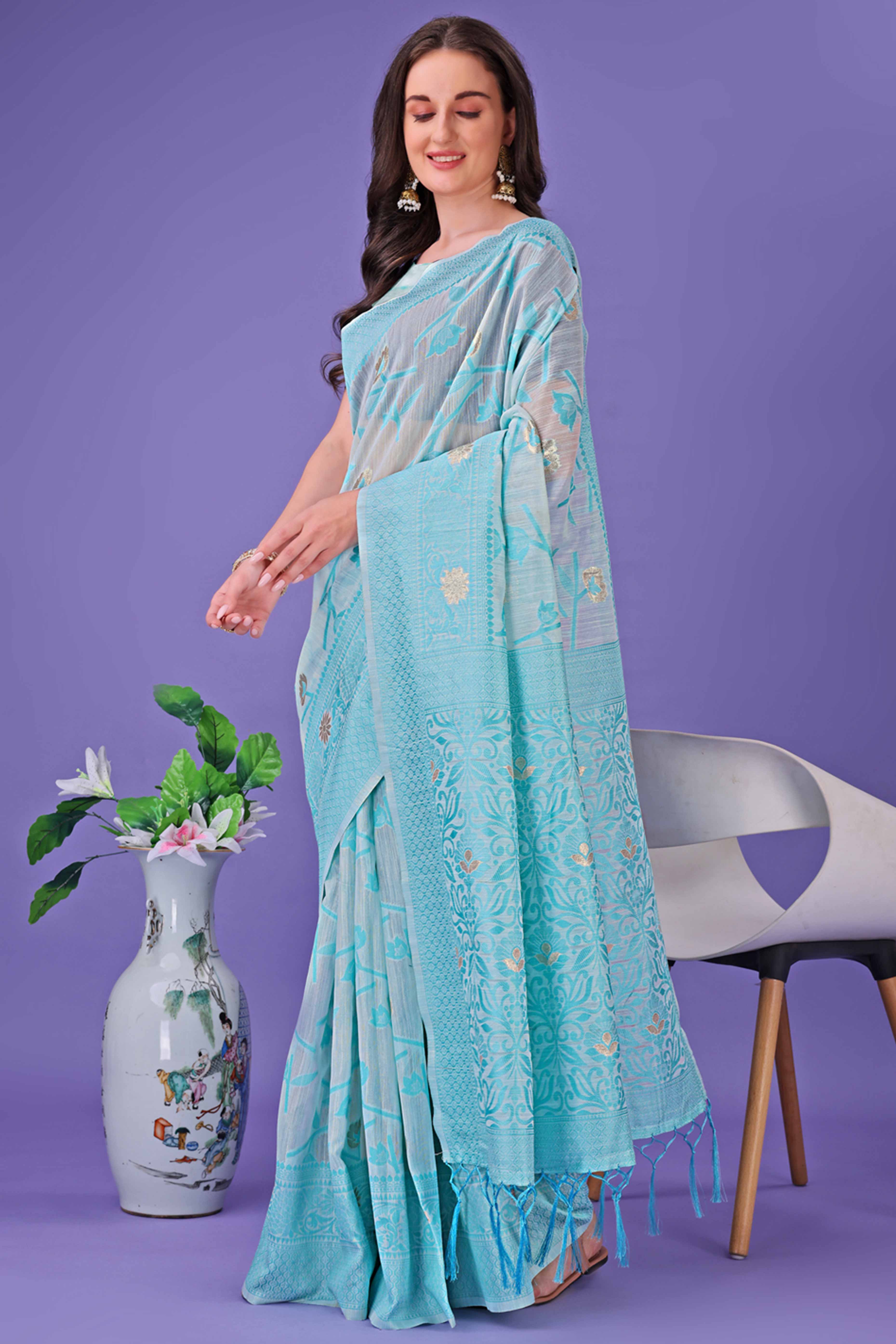 Sky Blue Floral Pattern Woven Saree in a Soft Cotton Blend with Tasseled Edges