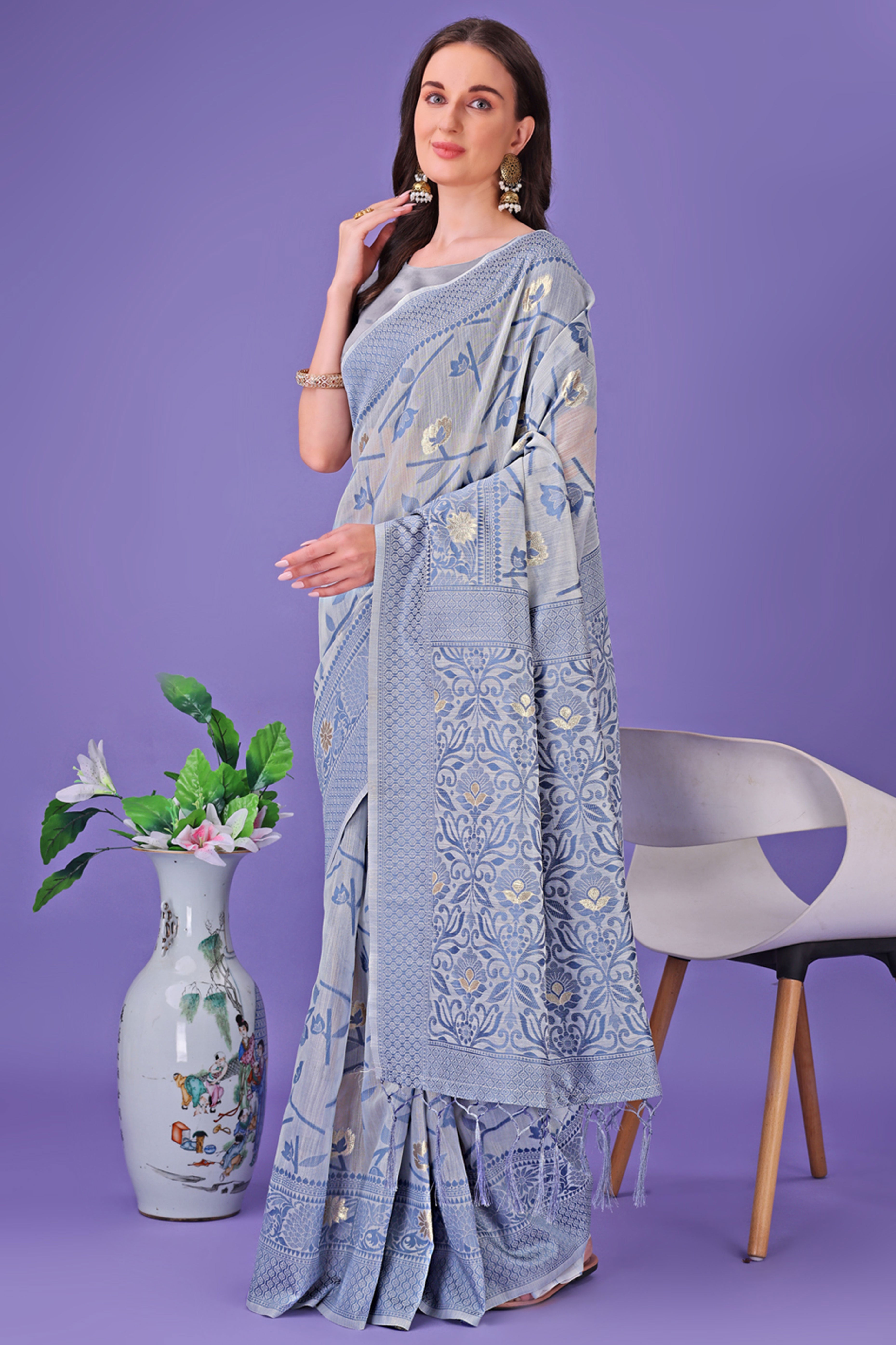 Grey Floral Pattern Woven Saree in a Soft Cotton Blend with Tasseled Edges