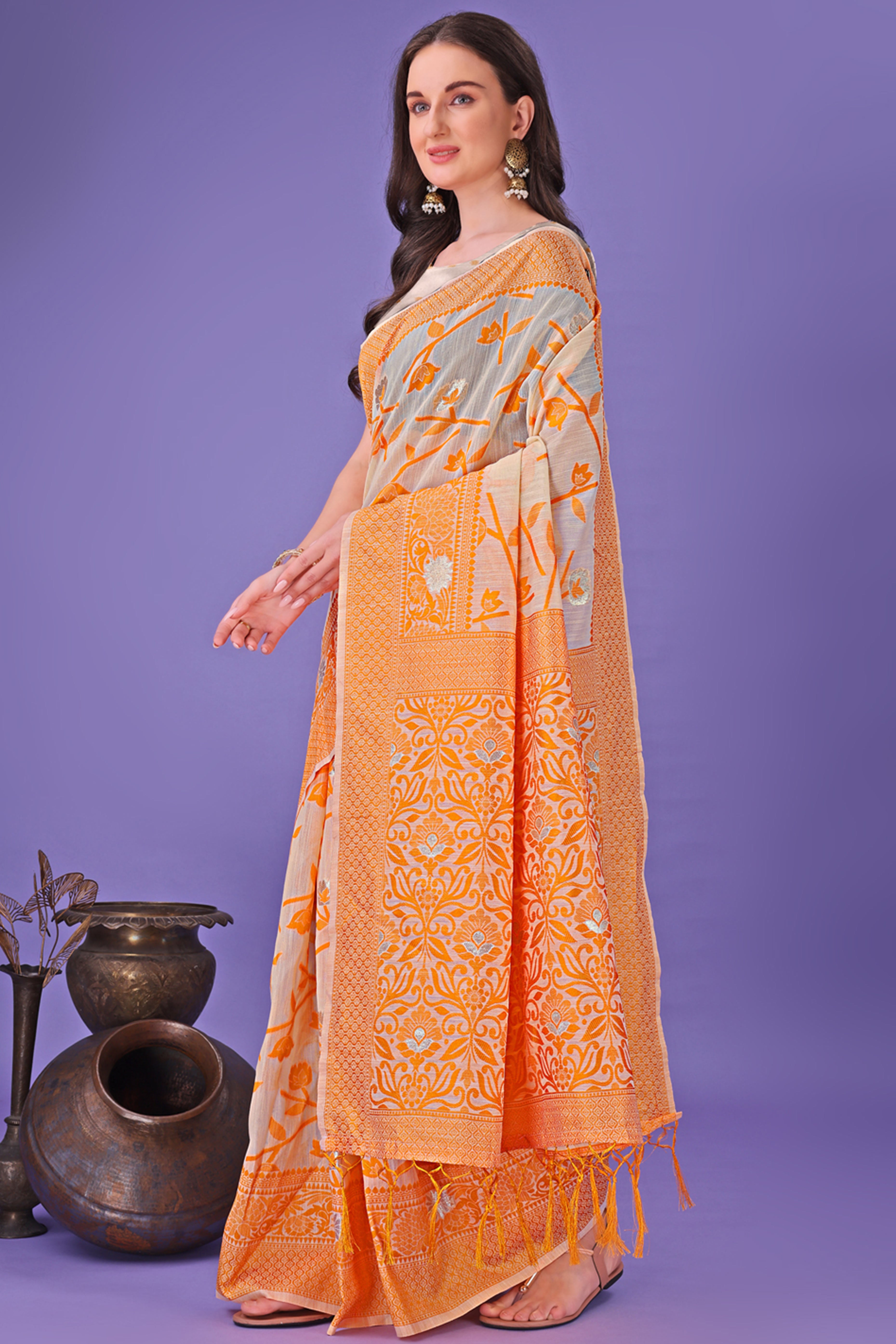 Orange Floral Pattern Woven Saree in a Soft Cotton Blend with Tasseled Edges