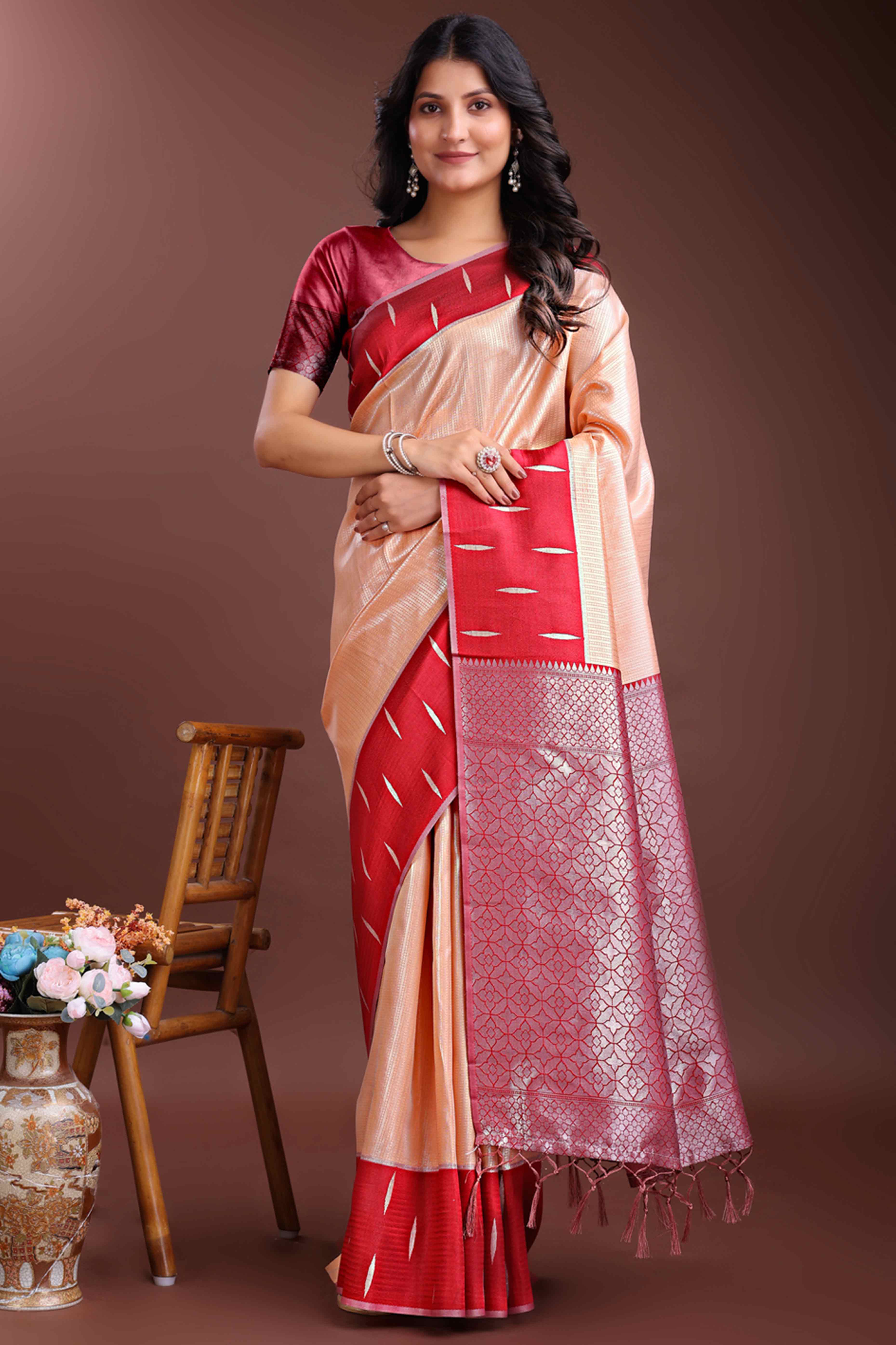 Radiant Light Orange Zari Weaving Silk Blend Saree of Timeless Elegance