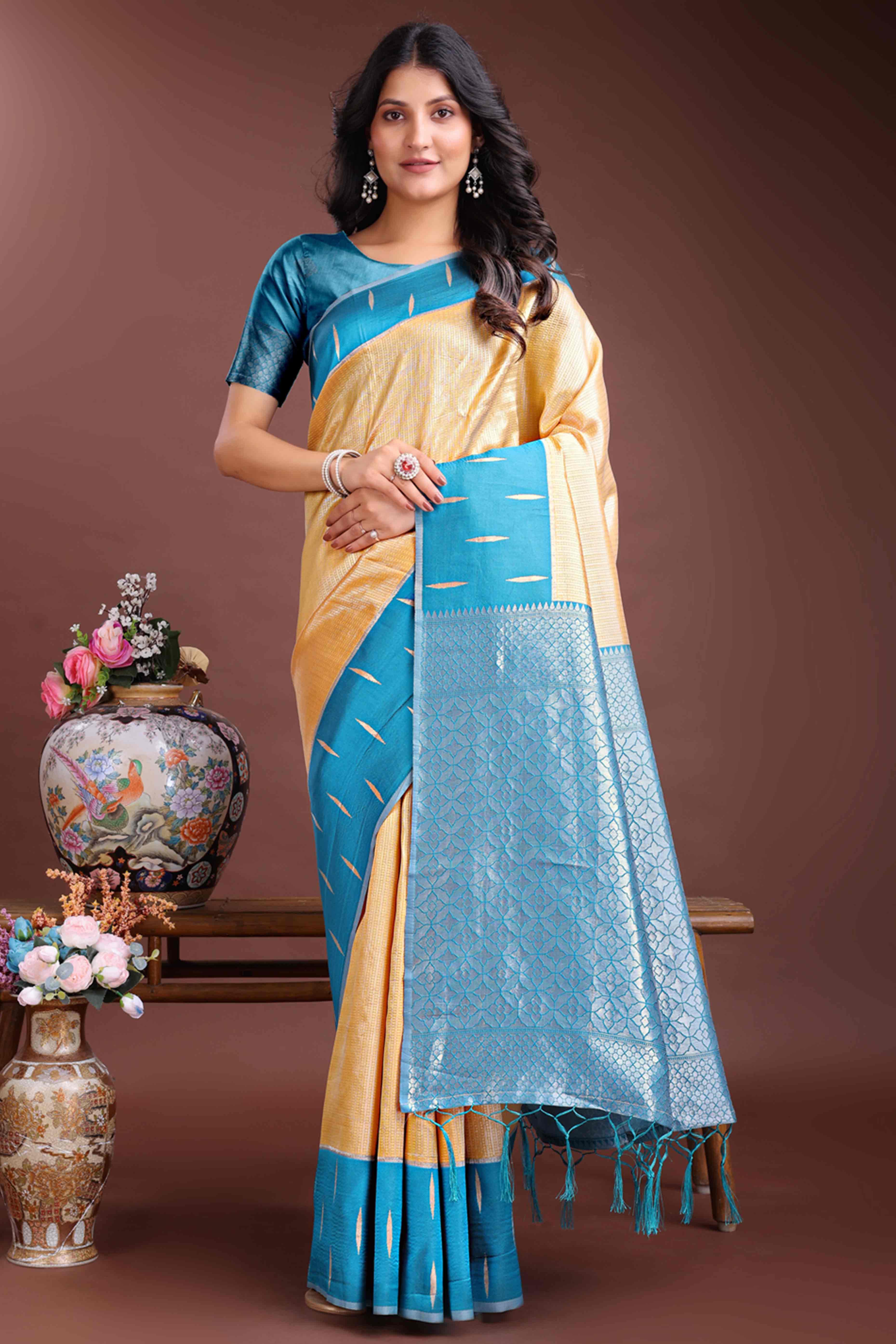 Vibrant Mustard Zari Weaving Silk Blend Saree with Golden Splendor