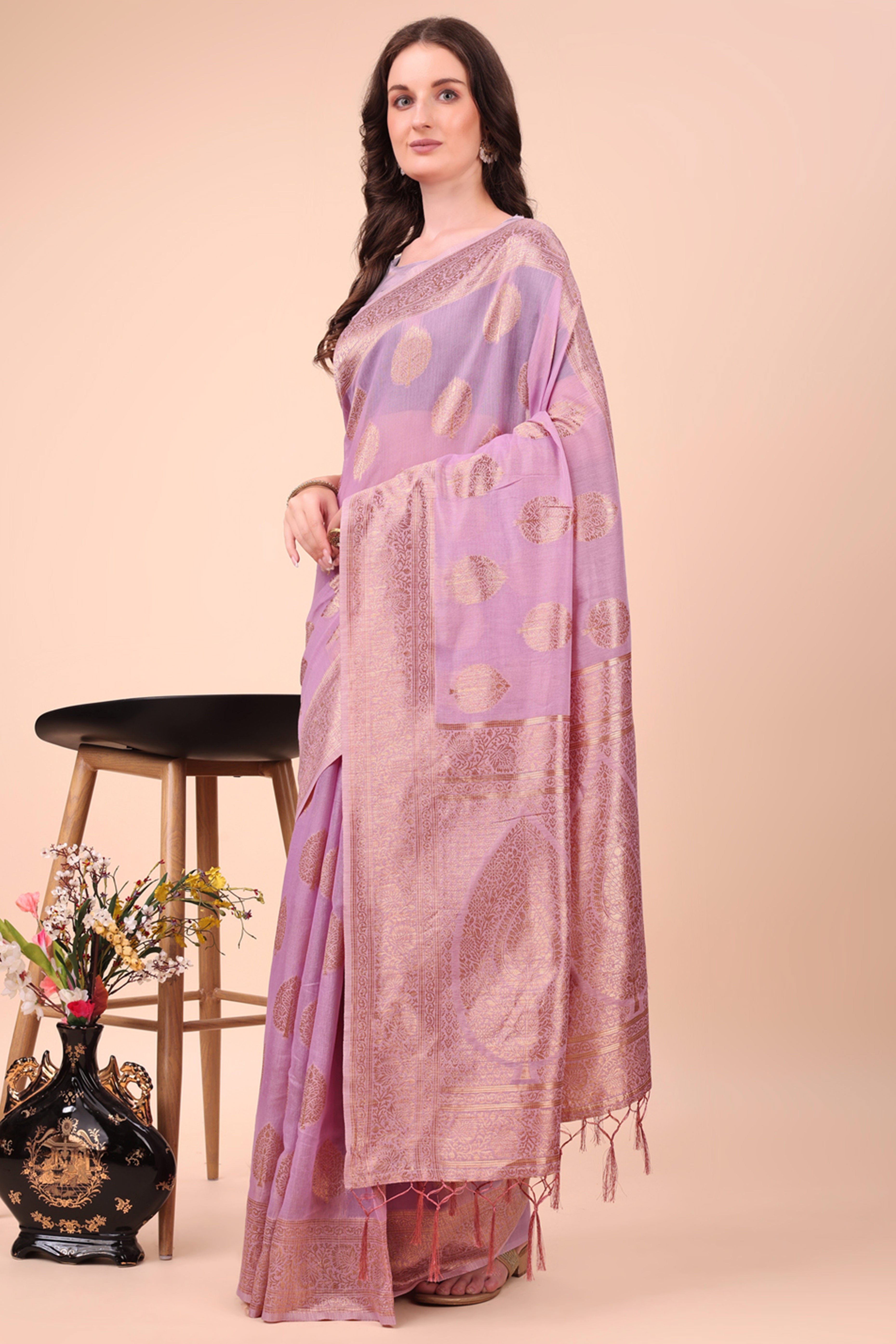Lavender Cotton Blend Saree With Intricate Floral Zari Weaving & Elegant Tassel Accents