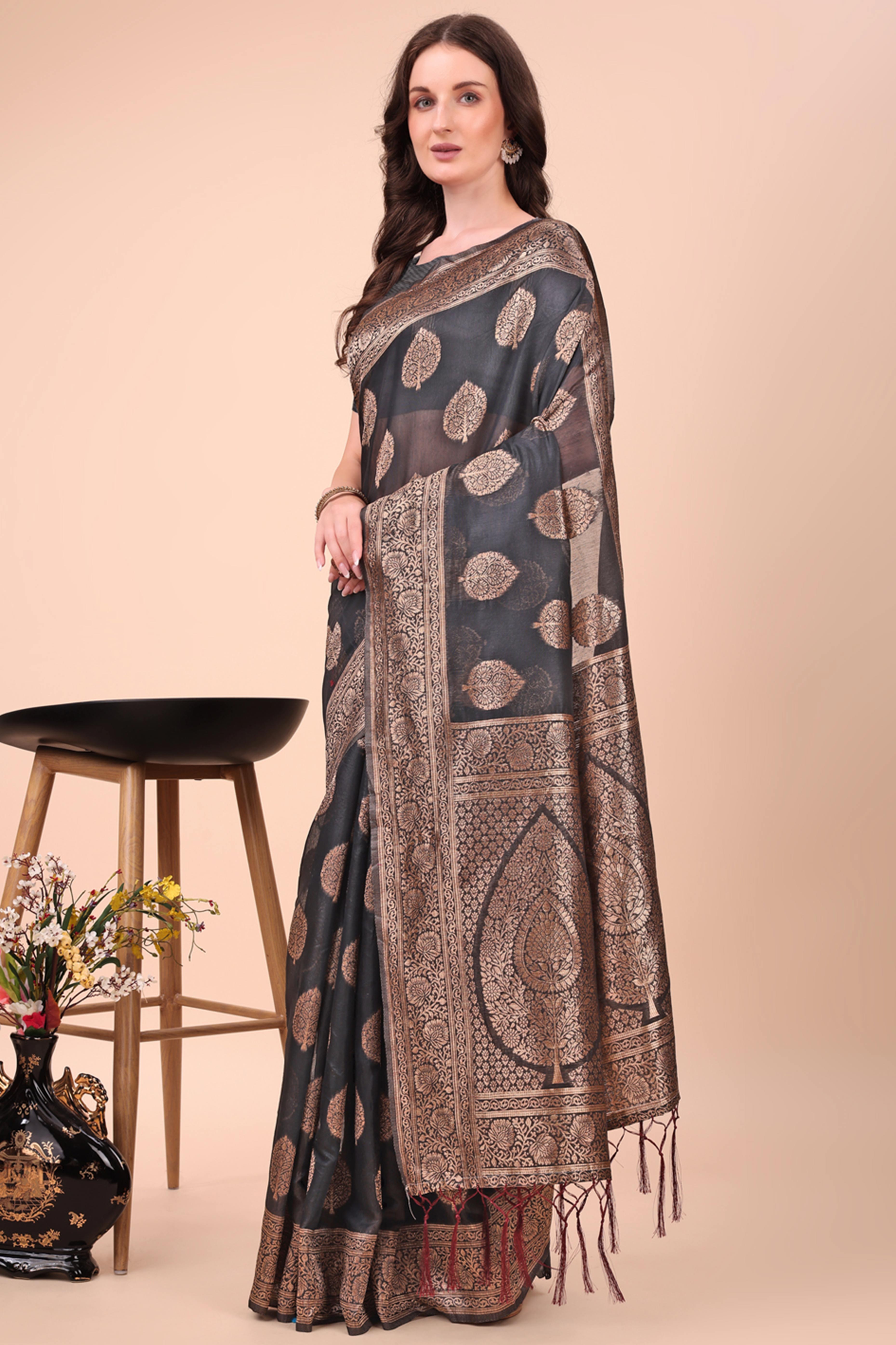 Black Cotton Blend Saree With Intricate Floral Zari Weaving & Elegant Tassel Accents