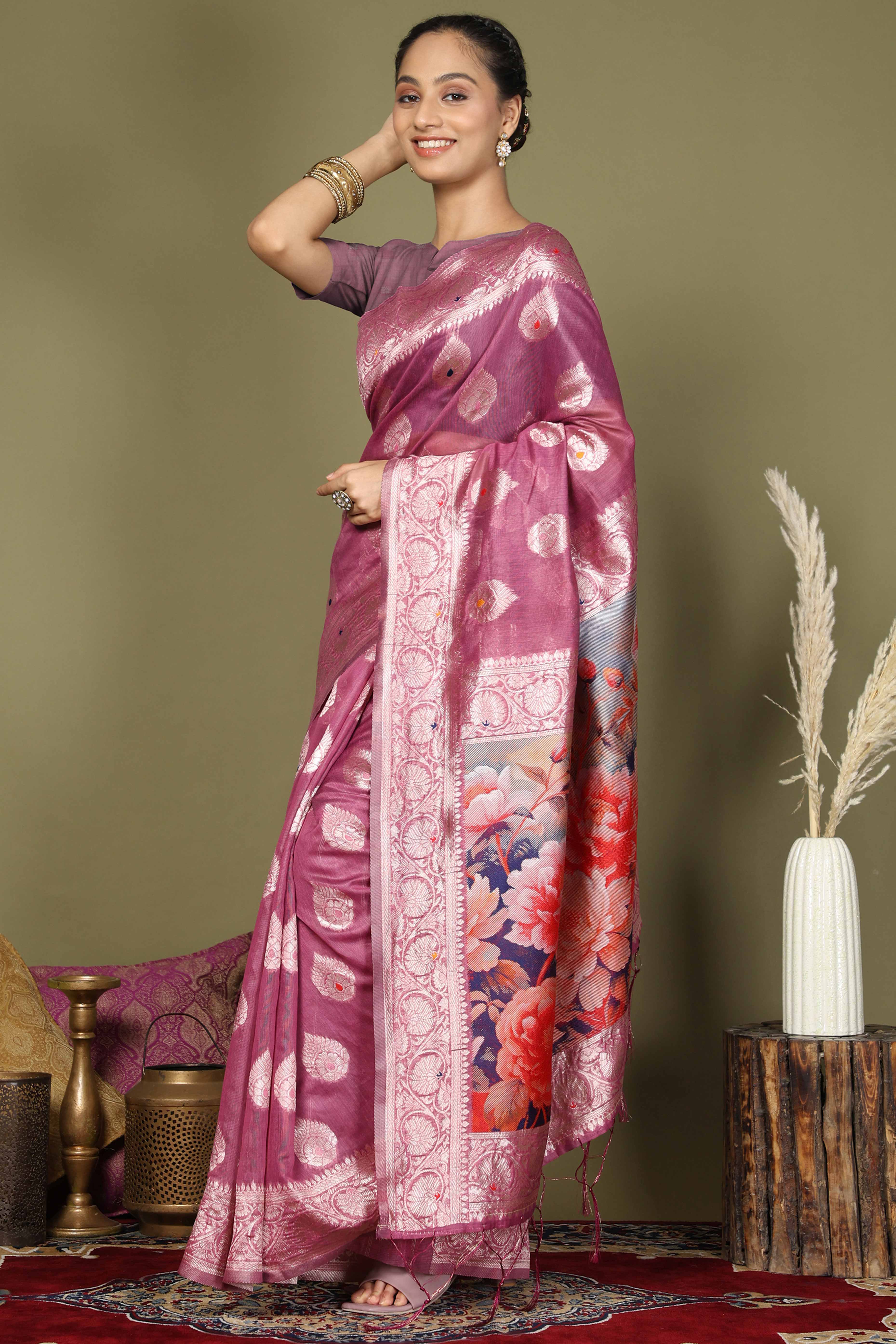 Onion Pink Saree In Linen Cotton Featuring Floral Zari Weaving & Digital Printed Pallu