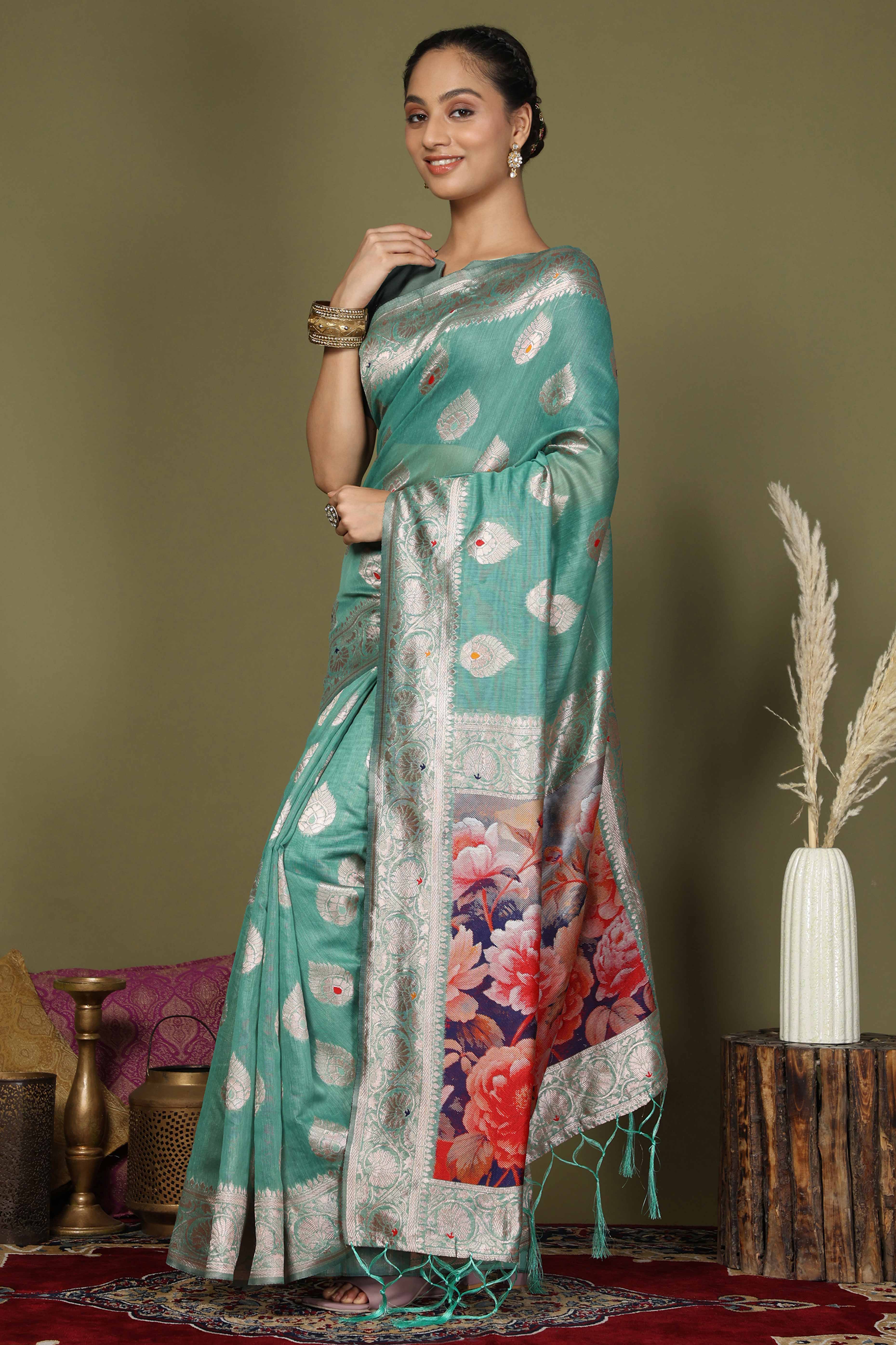 Turquoise Saree In Linen Cotton Featuring Floral Zari Weaving & Digital Printed Pallu