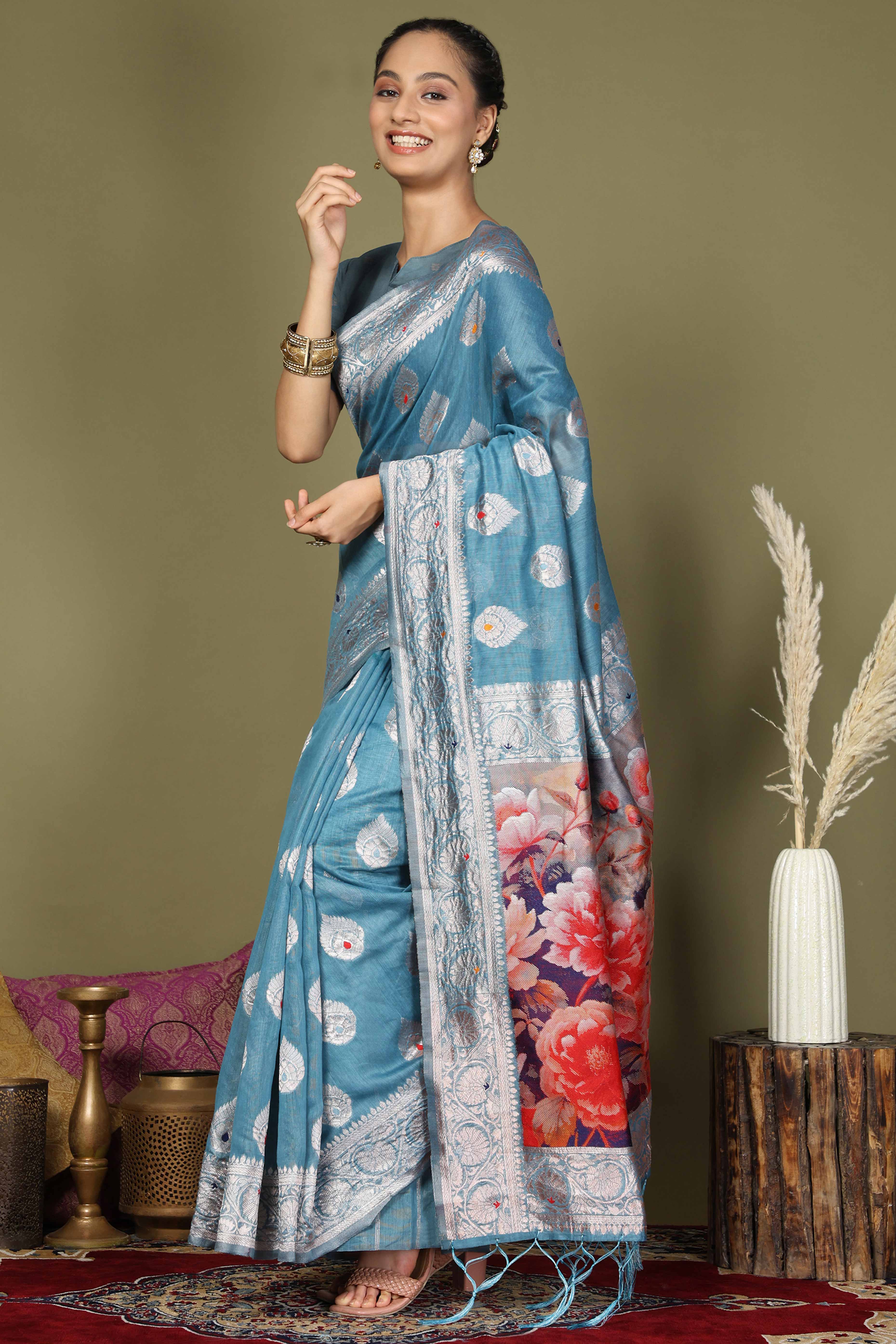 Blue Saree In Linen Cotton Featuring Floral Zari Weaving & Digital Printed Pallu