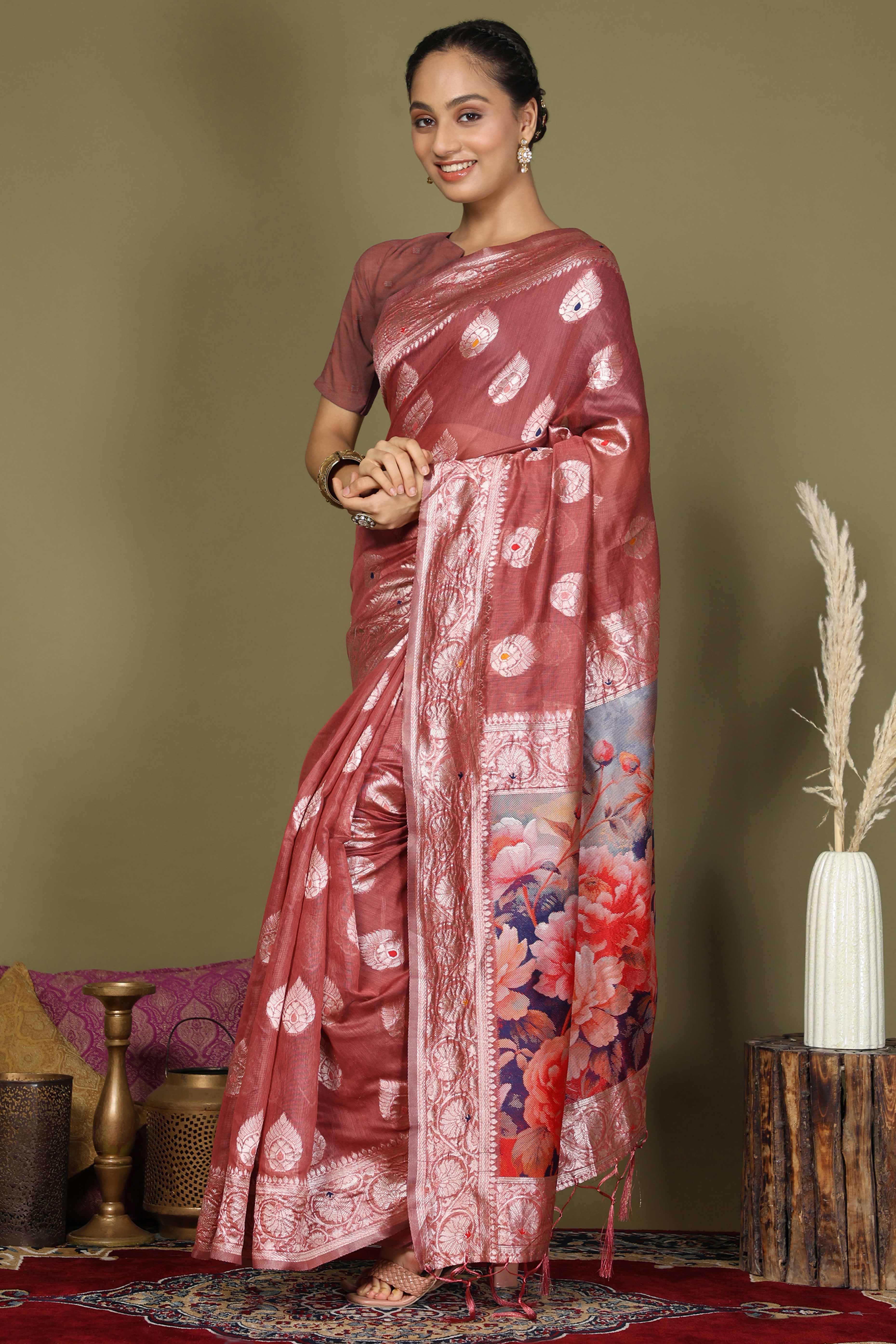 Rust Saree In Linen Cotton Featuring Floral Zari Weaving & Digital Printed Pallu