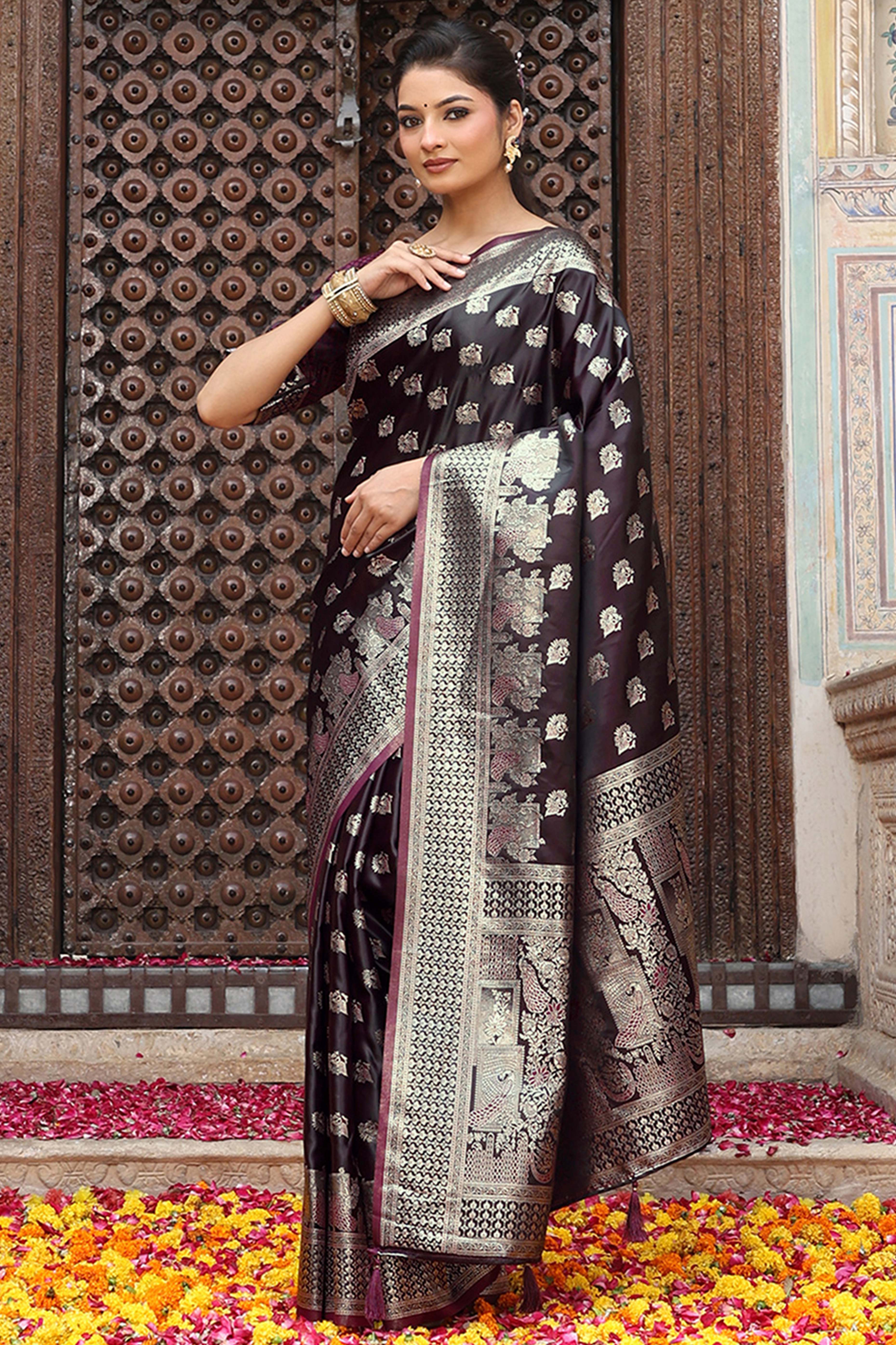 Designer Wine Saree Showcasing Peacock & Floral Zari Weaving With Handmade Tassel Pallu