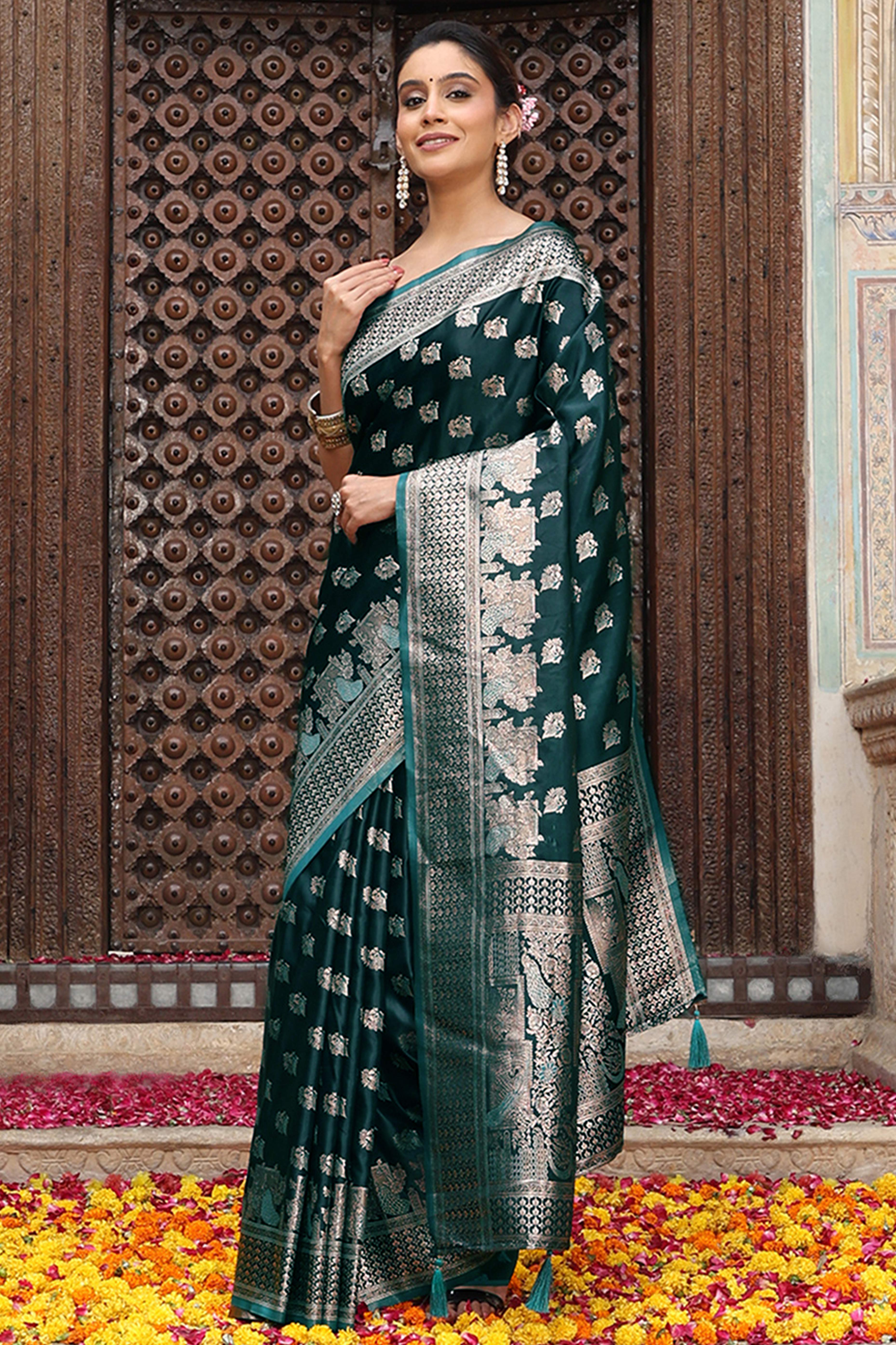 Designer Dark Teal Saree Showcasing Peacock & Floral Zari Weaving With Handmade Tassel Pallu
