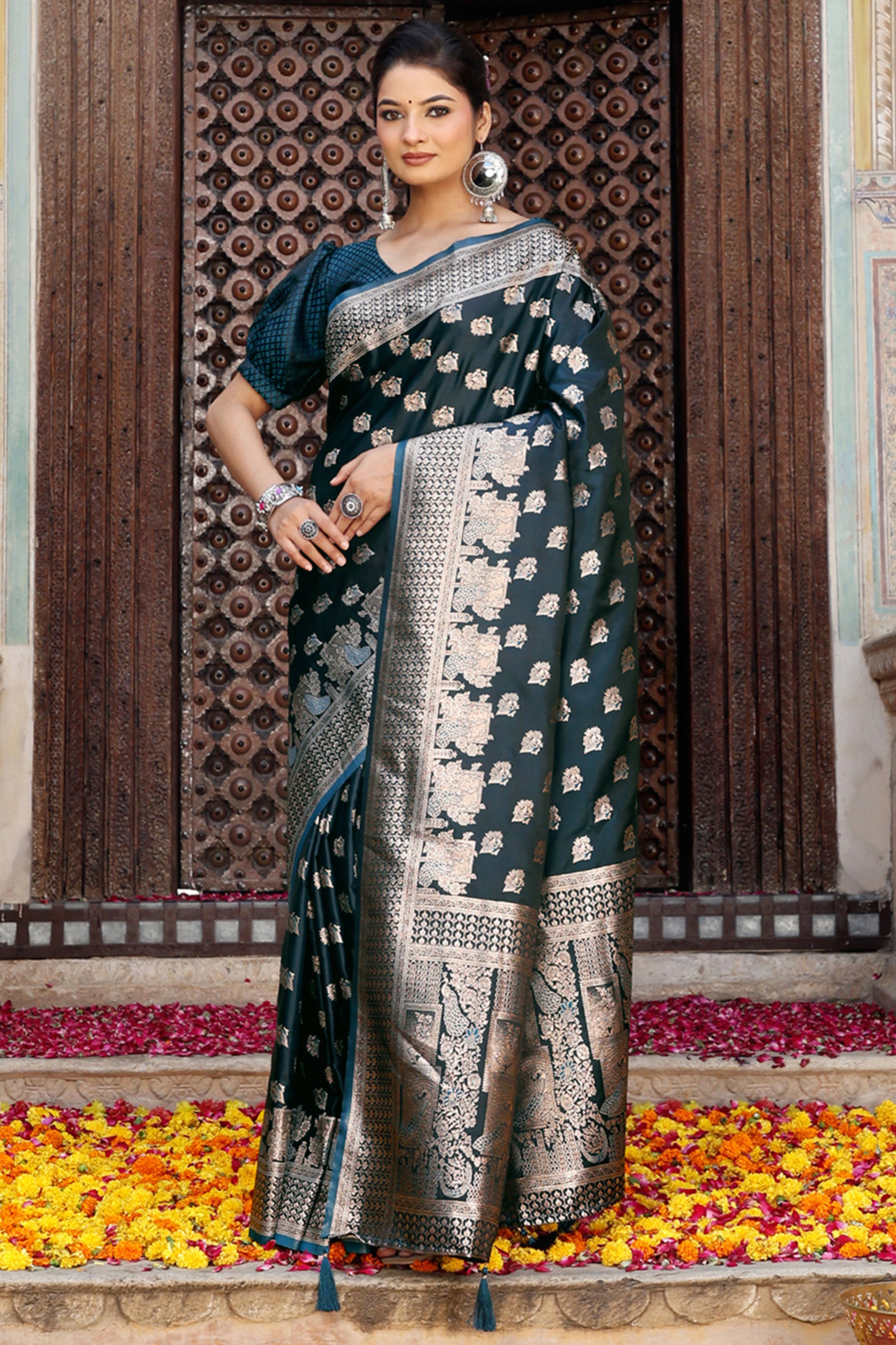 Designer Morpich Blue Saree Showcasing Peacock & Floral Zari Weaving With Handmade Tassel Pallu