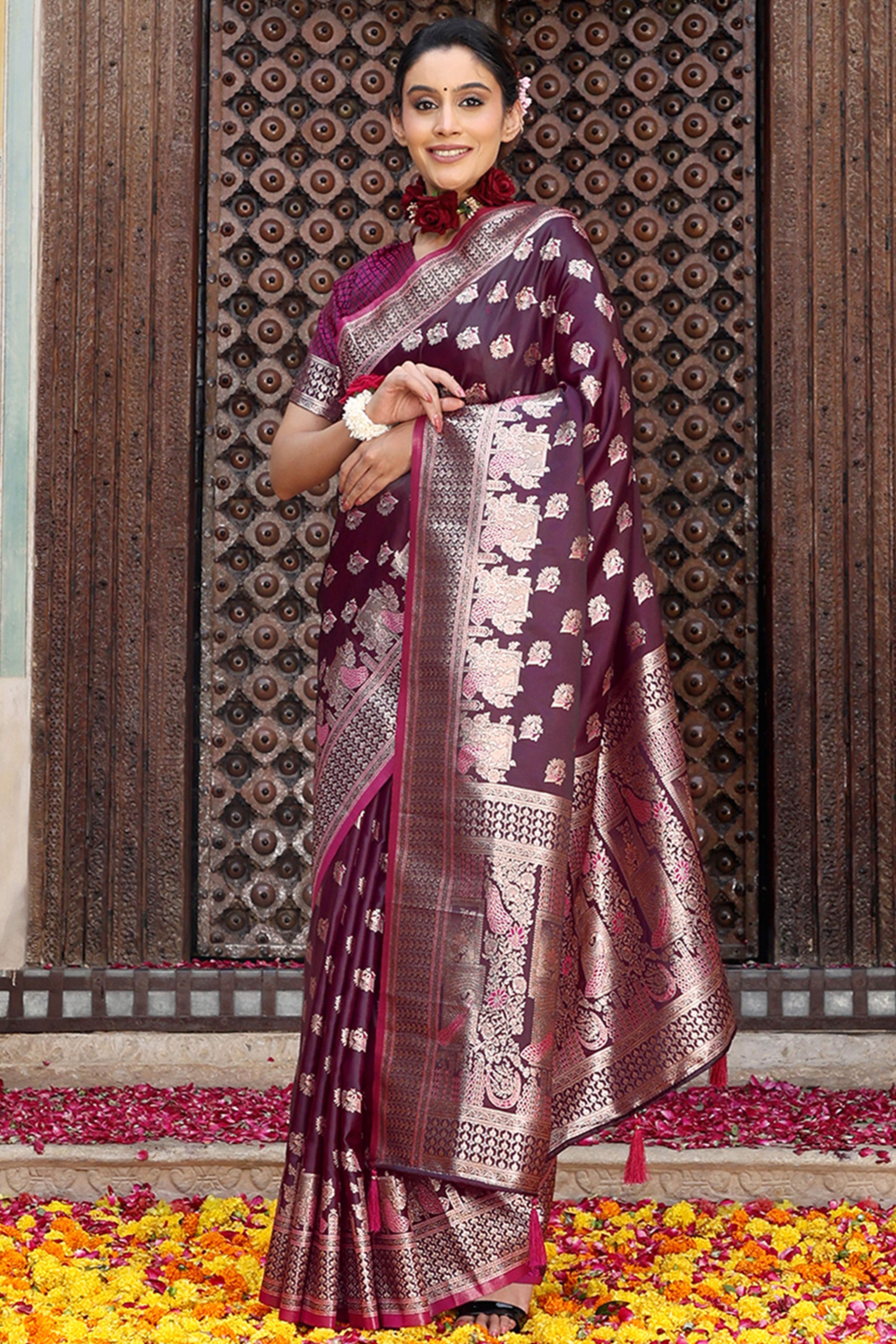 Designer Purple Saree Showcasing Peacock & Floral Zari Weaving With Handmade Tassel Pallu