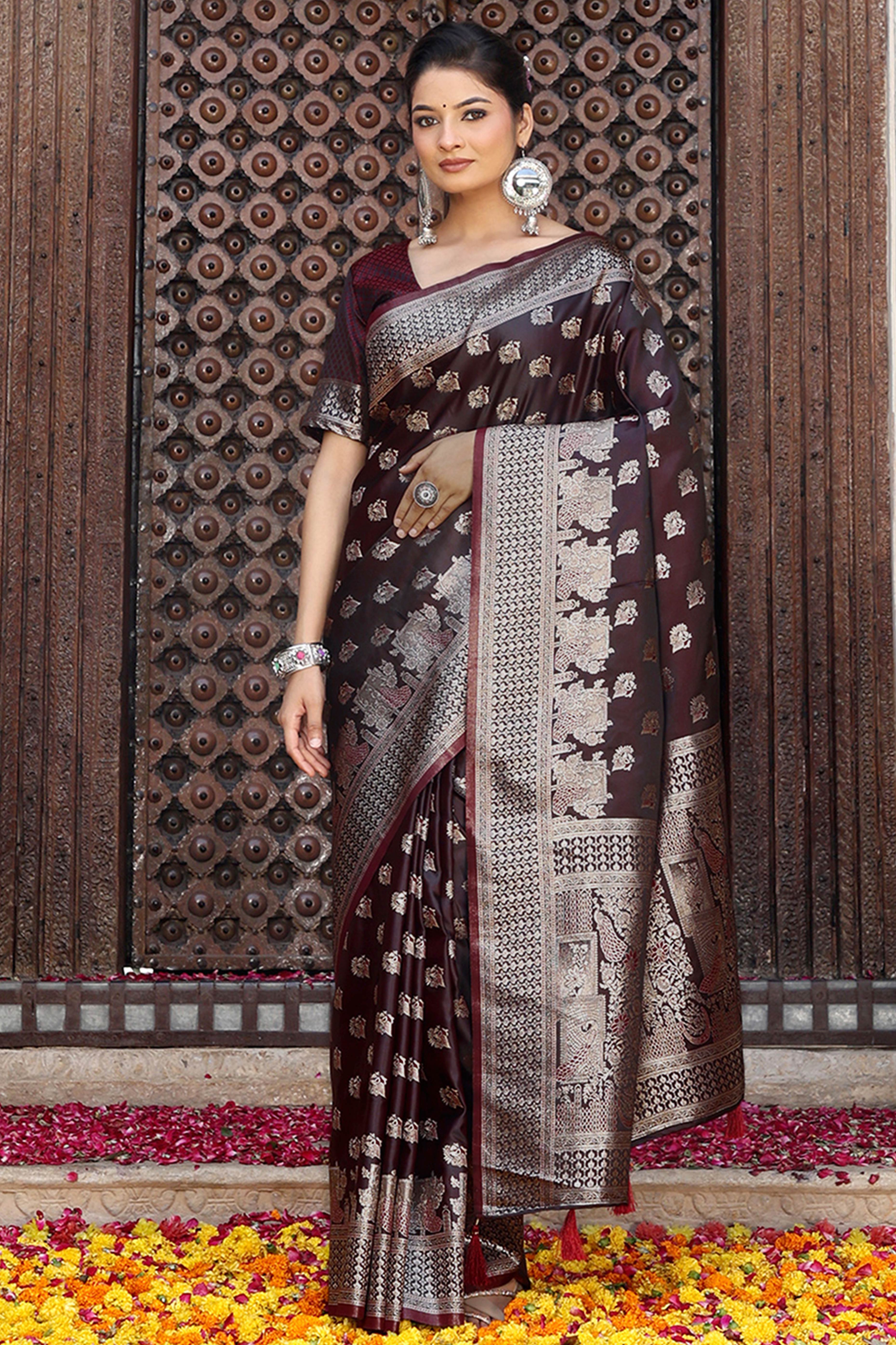Designer Dark Maroon Saree Showcasing Peacock & Floral Zari Weaving With Handmade Tassel Pallu