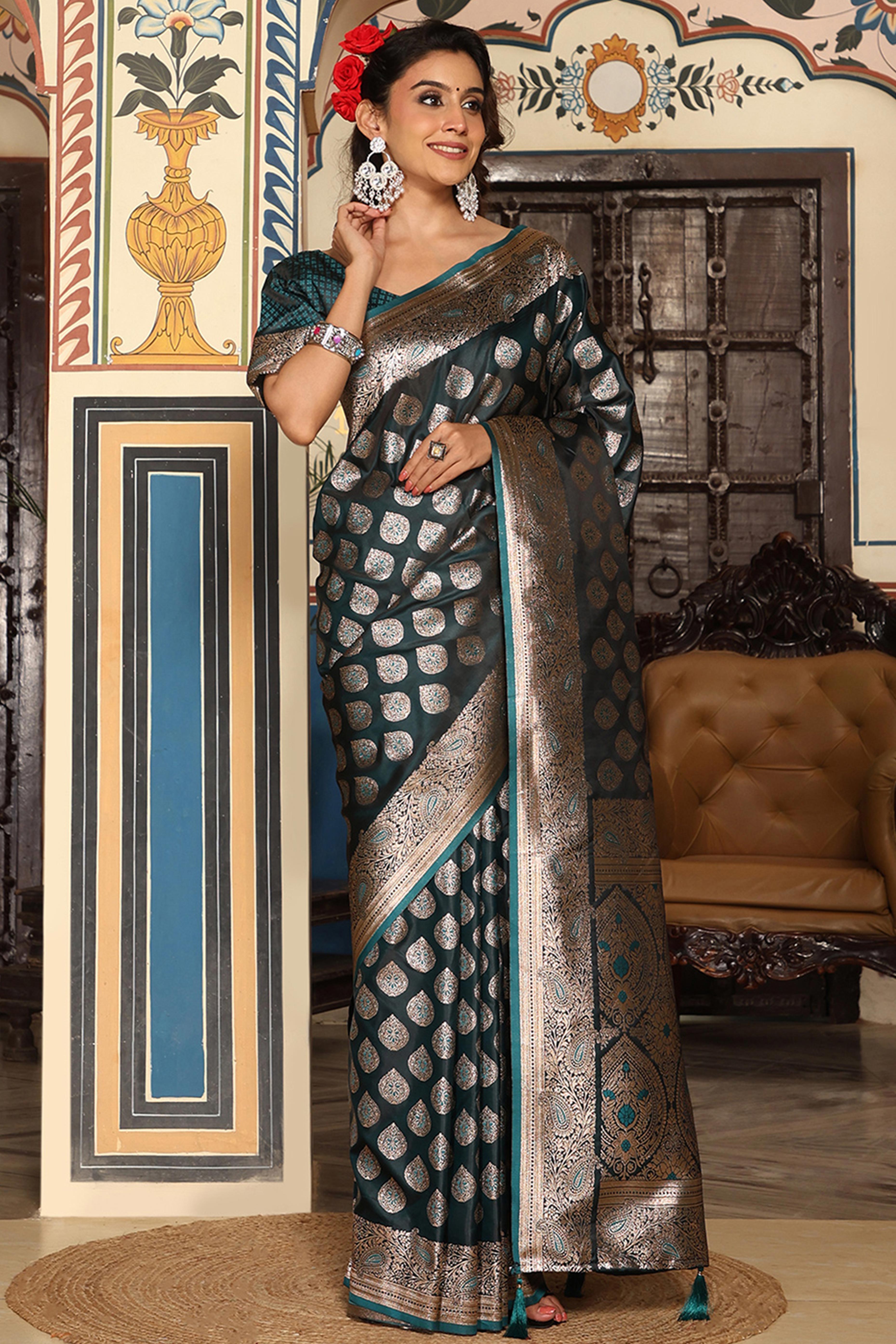 Festive Morpich Green Saree in Silk Blend with Exquisite Zari Weaving Work