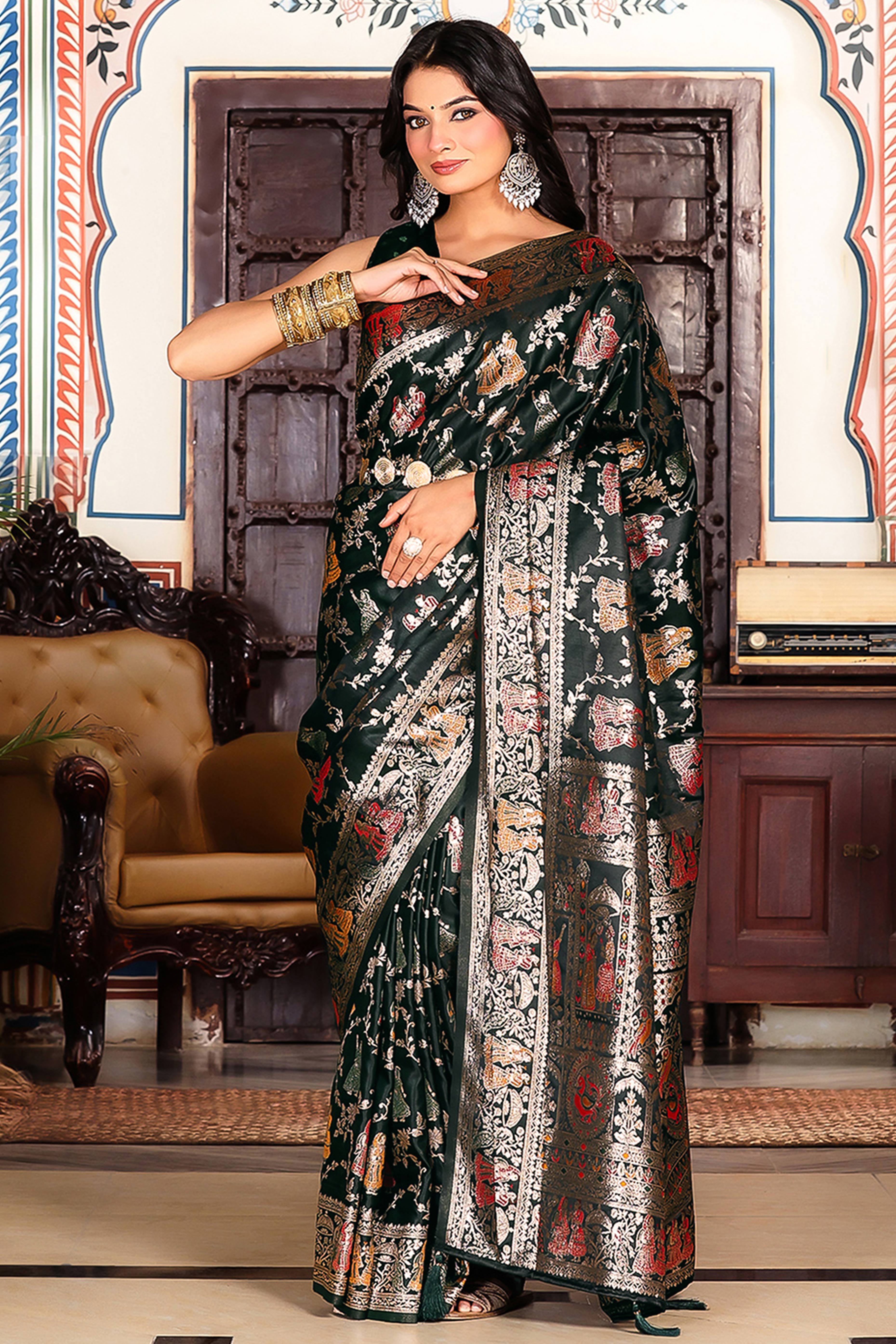 Luxurious Dark Green Silk Blend Saree With Intricate Floral Zari Weaving & Tassel Pallu