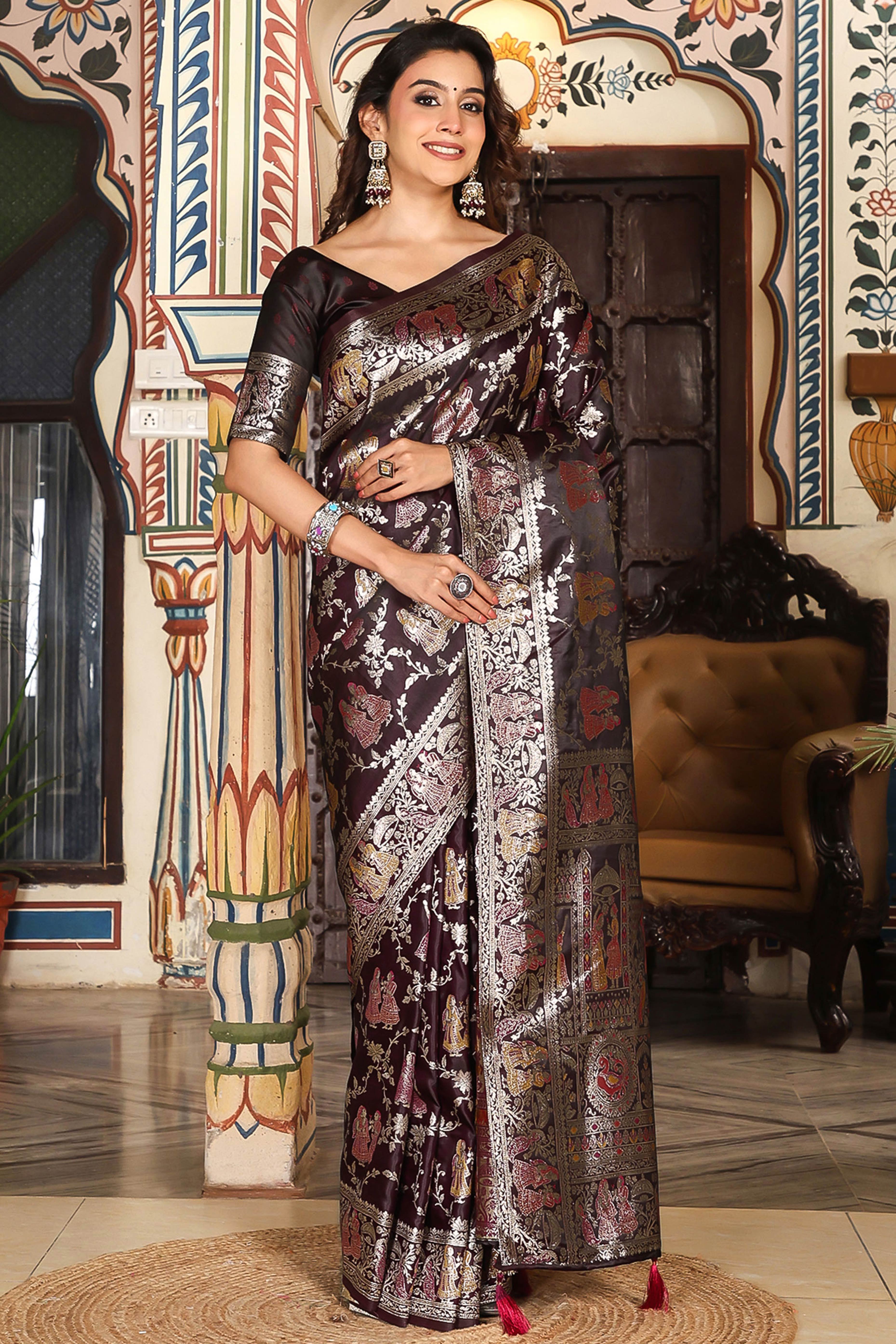 Luxurious Drak Maroon Silk Blend Saree With Intricate Floral Zari Weaving & Tassel Pallu